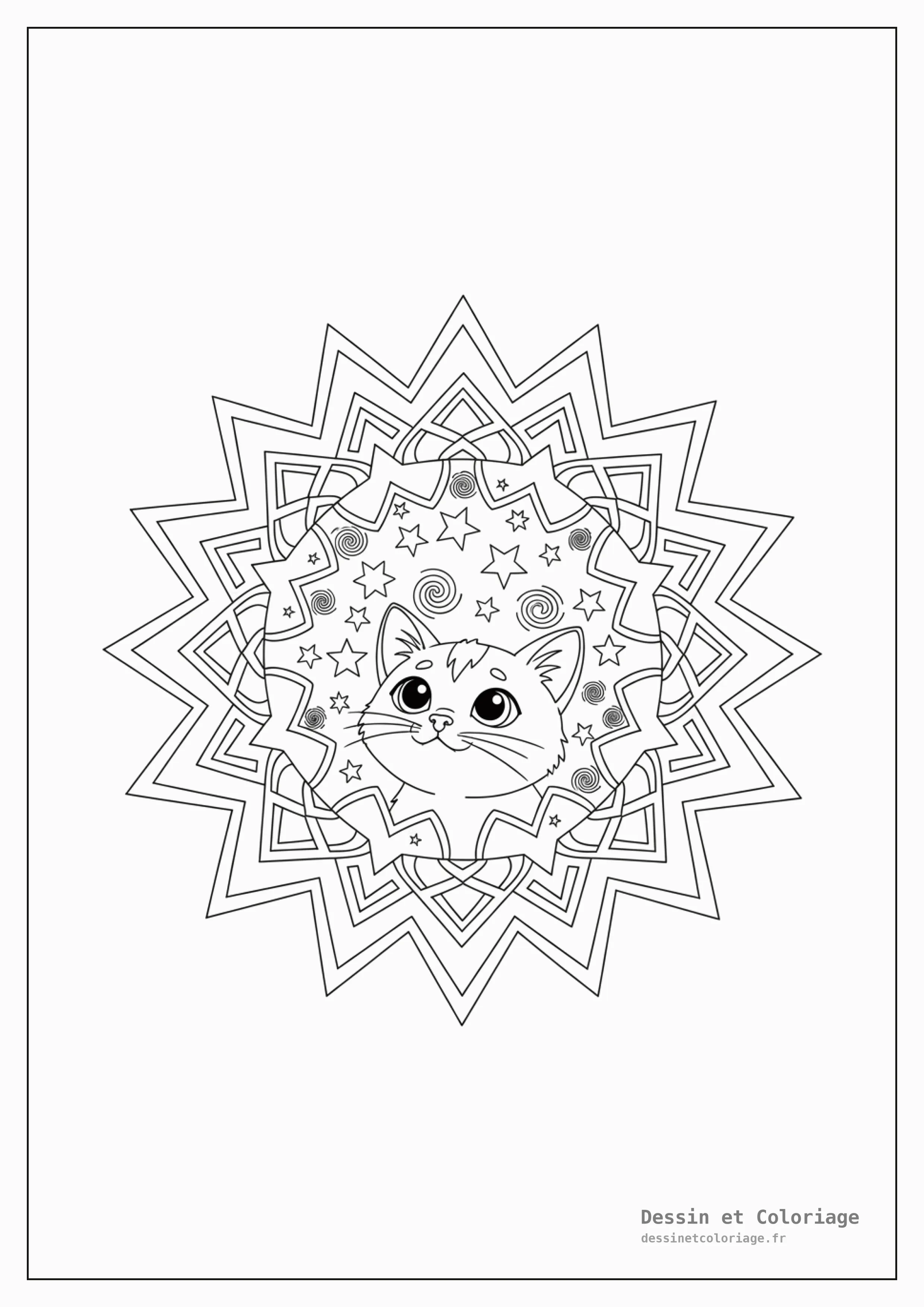 coloriage chaton mandala — Chaton regardant un ciel étoilé, intégré dans un mandala lumineux de formes d'étoiles.