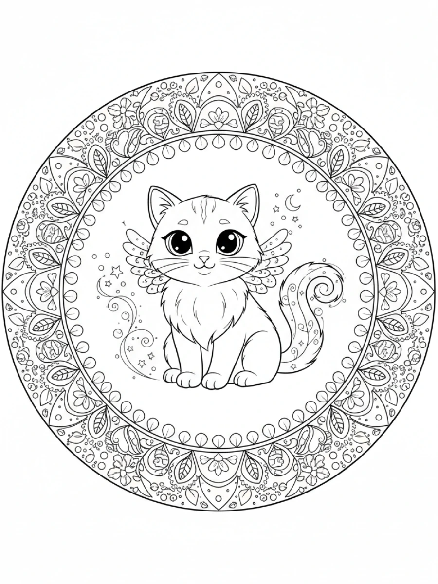 coloriage chaton mandala — Chaton fantastique avec des éléments magiques, entouré de mandalas fantaisistes et complexes.