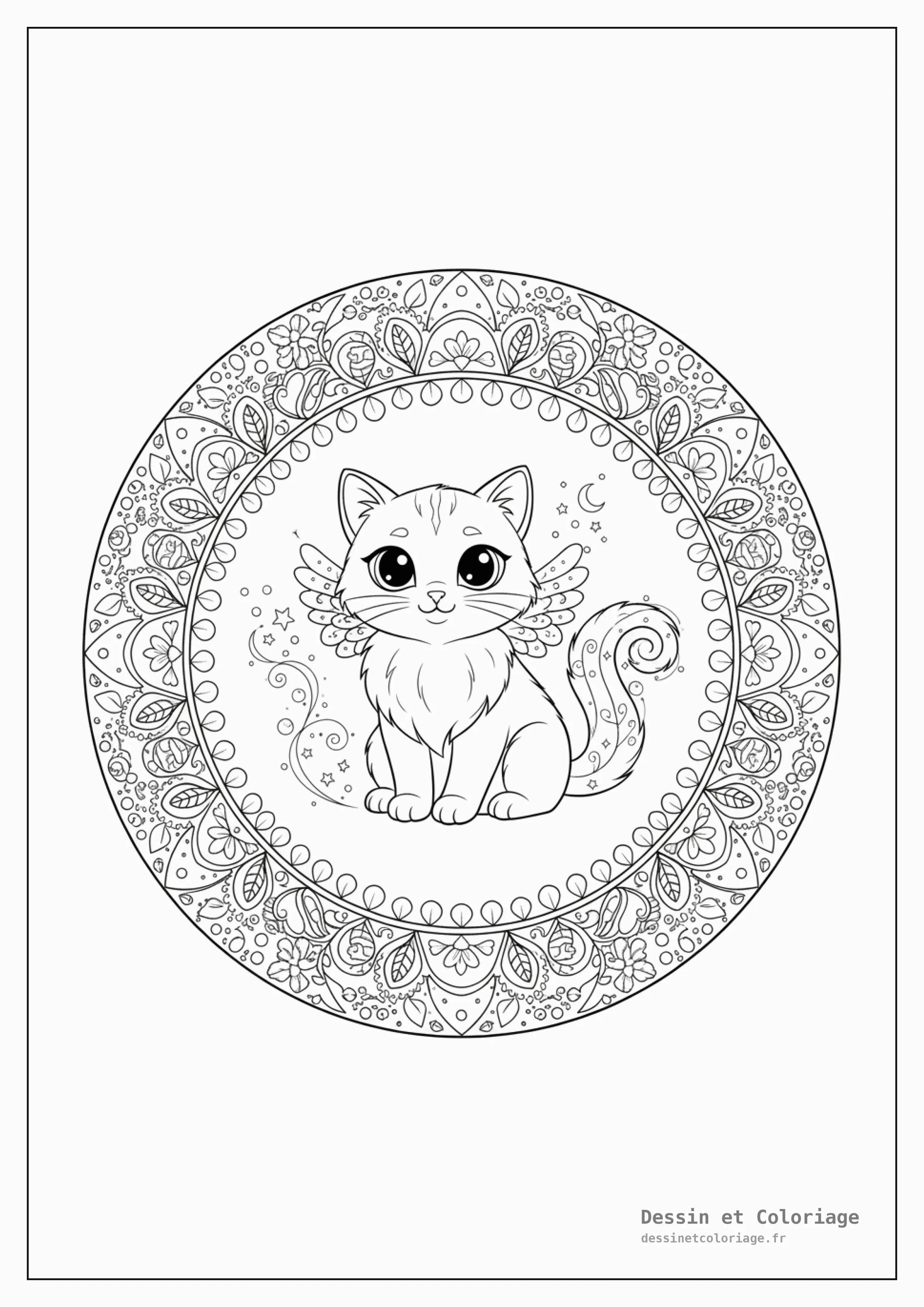 coloriage chaton mandala — Chaton fantastique avec des éléments magiques, entouré de mandalas fantaisistes et complexes.