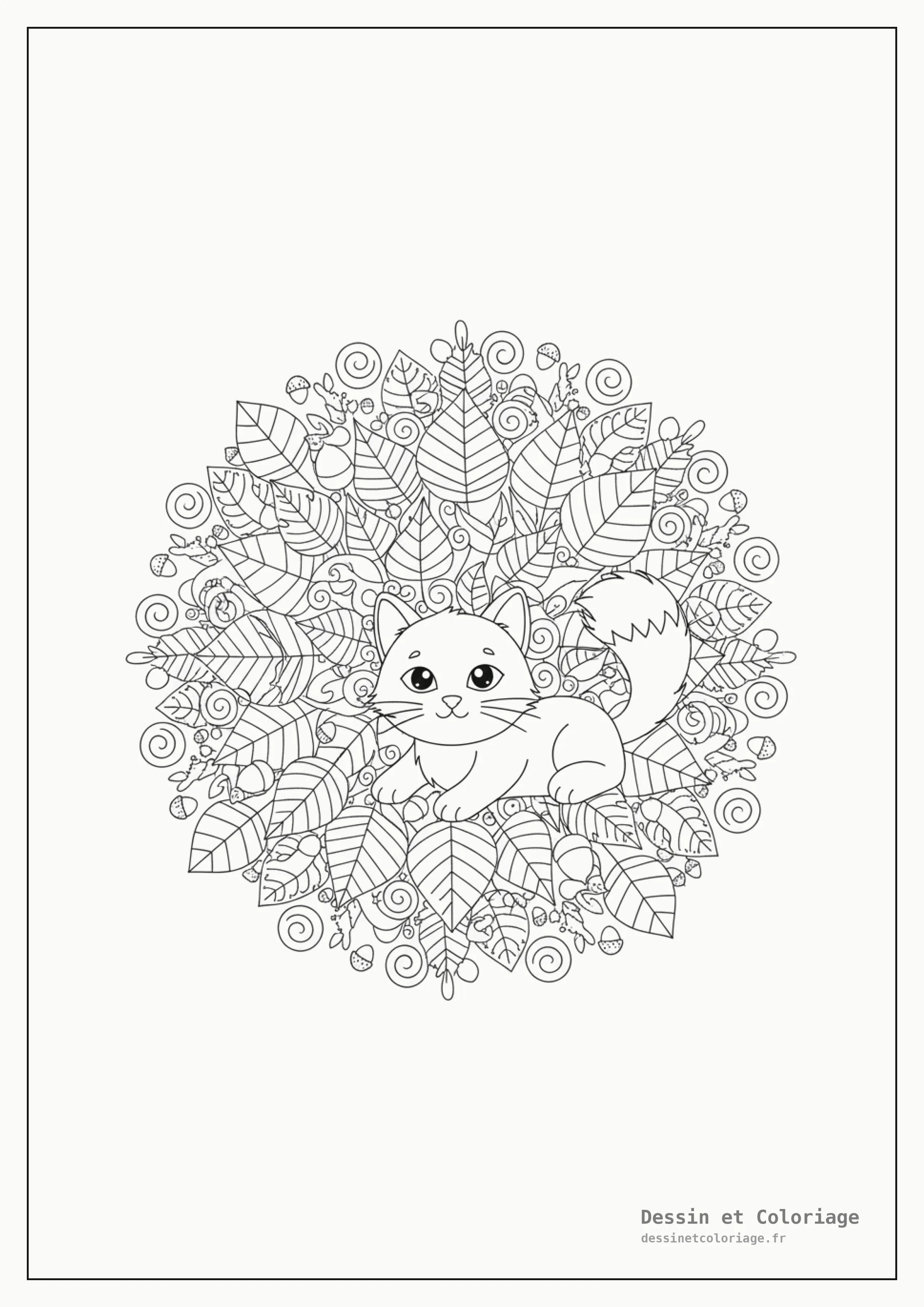 coloriage chaton mandala — Chaton se cachant parmi des feuilles d'automne, dans un mandala aux motifs feuillus et naturels.