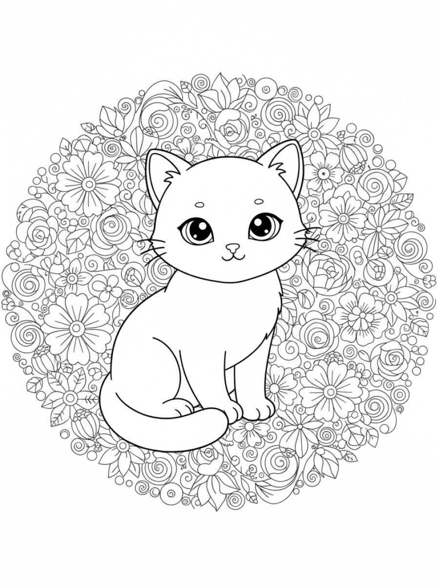 coloriage chaton mandala — Chaton mignon assis, enveloppé de motifs floraux et de feuilles dans un mandala délicat.
