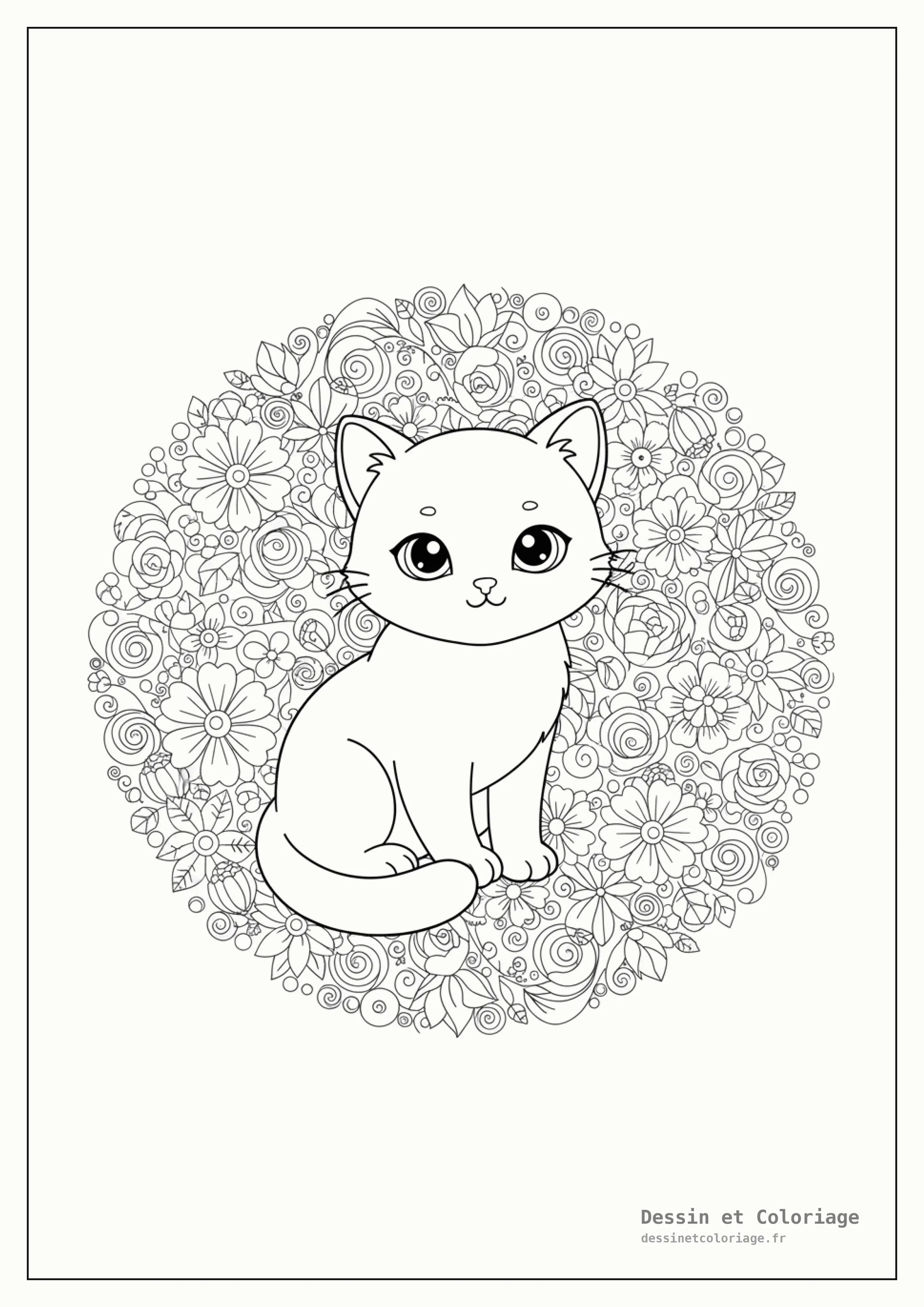 coloriage chaton mandala — Chaton mignon assis, enveloppé de motifs floraux et de feuilles dans un mandala délicat.
