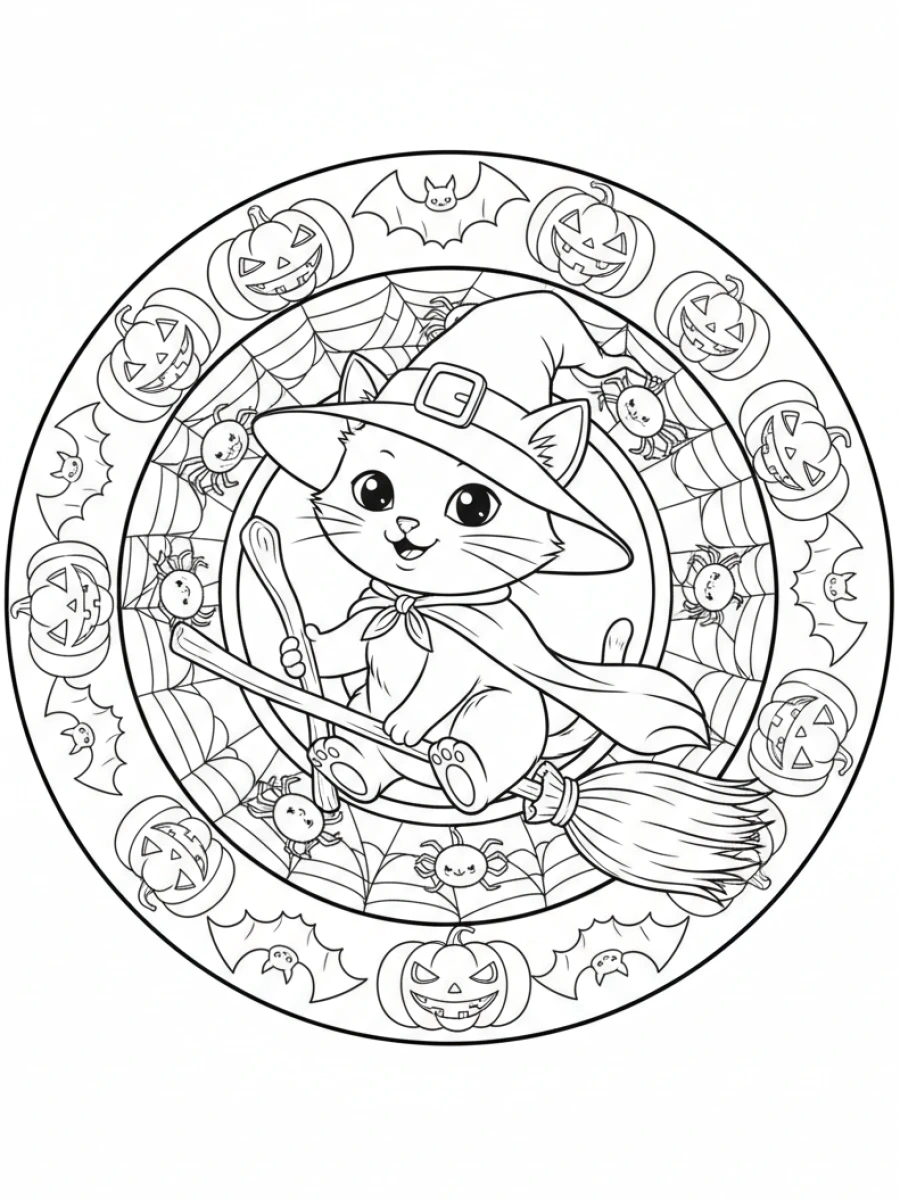 coloriage chaton mandala — Chaton déguisé en sorcière, entouré de mandalas d'Halloween avec citrouilles et chauves-souris.