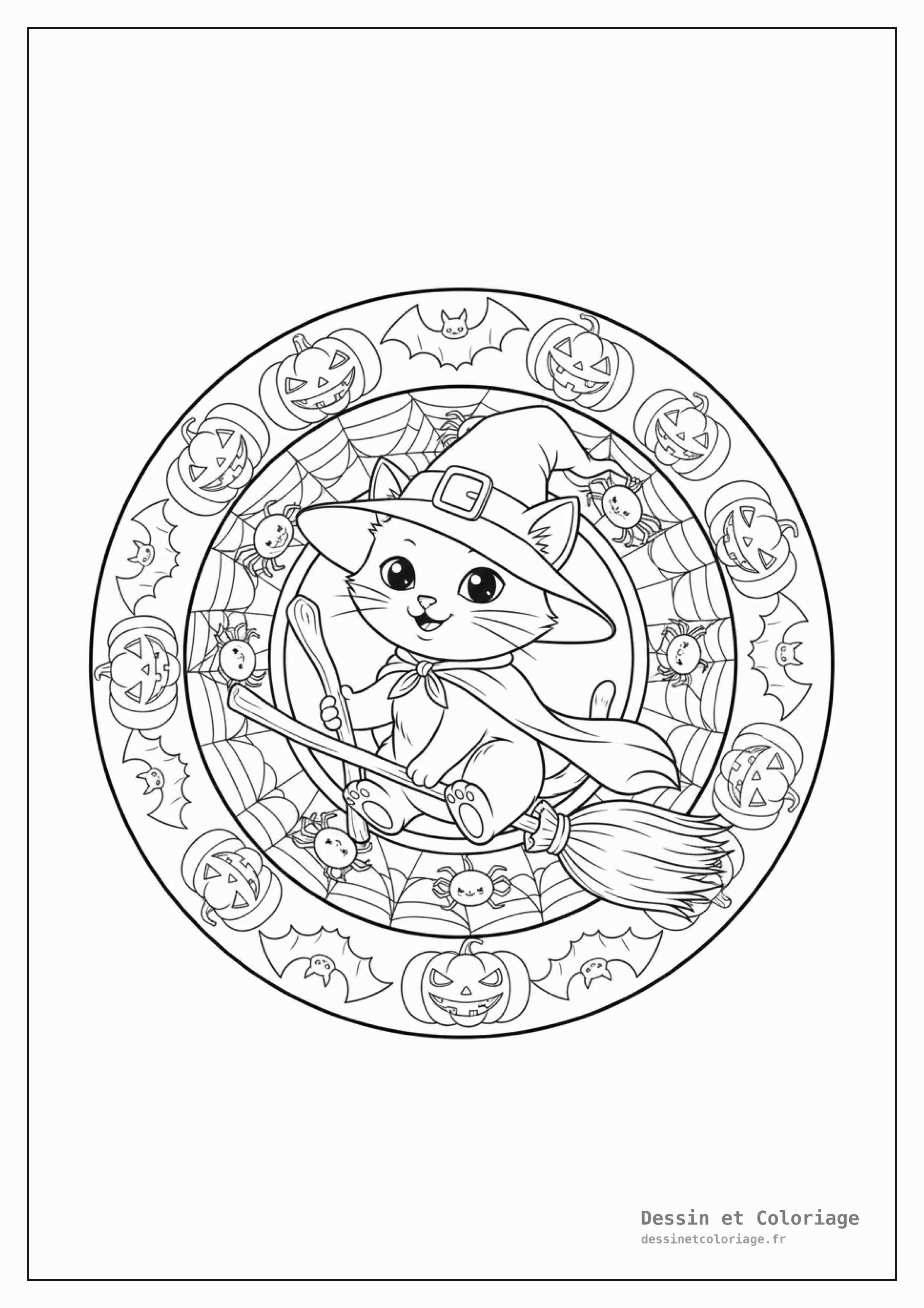 coloriage chaton mandala — Chaton déguisé en sorcière, entouré de mandalas d'Halloween avec citrouilles et chauves-souris.