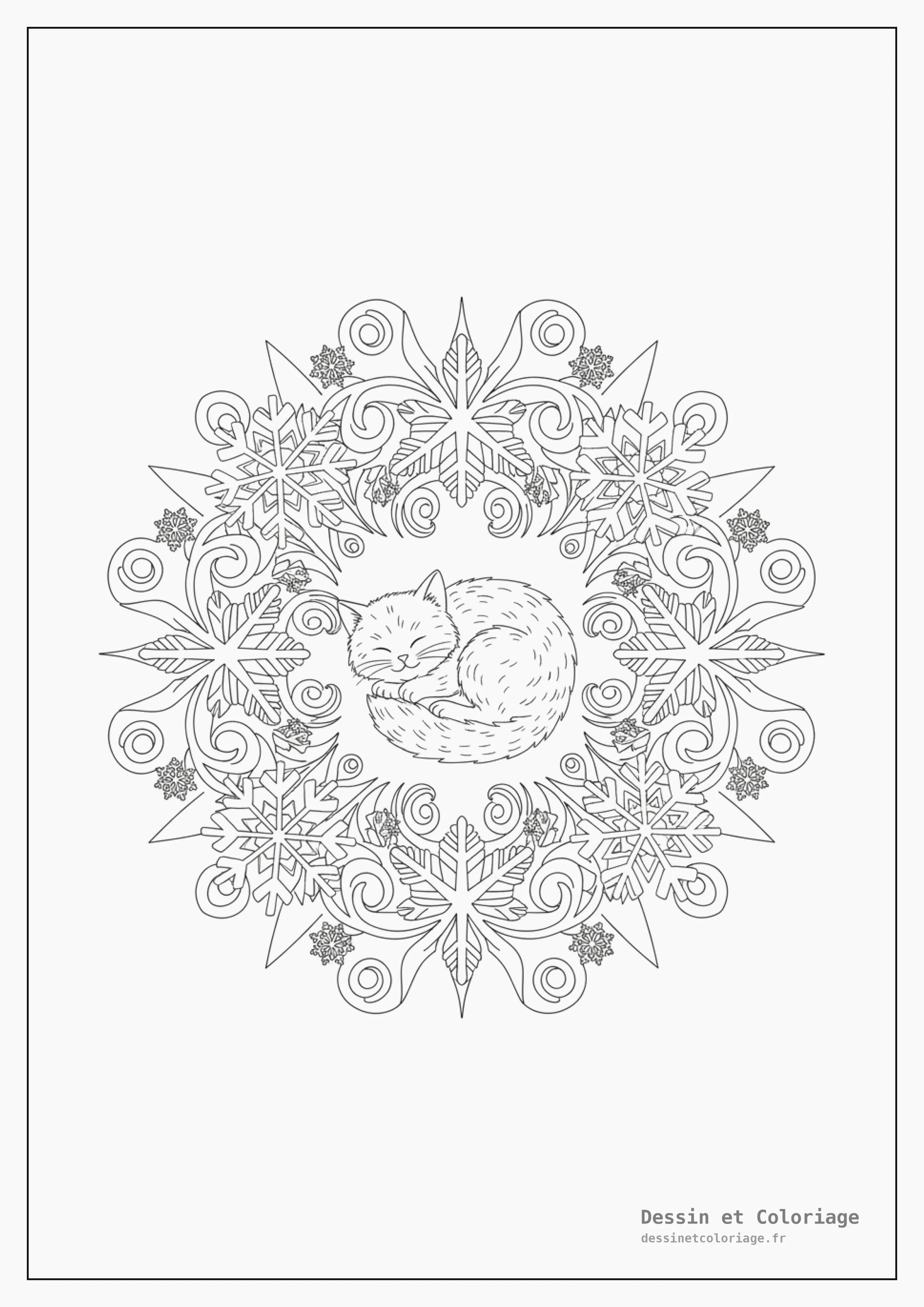 coloriage chaton mandala — Chaton blotti parmi des flocons de neige et des glaçons, dans un mandala aux motifs hivernaux.