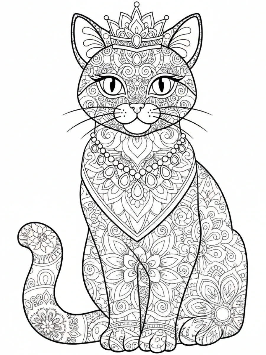 coloriage chaton mandala — Chaton majestueux orné de motifs mandala d'inspiration indienne, avec des bijoux stylisés.