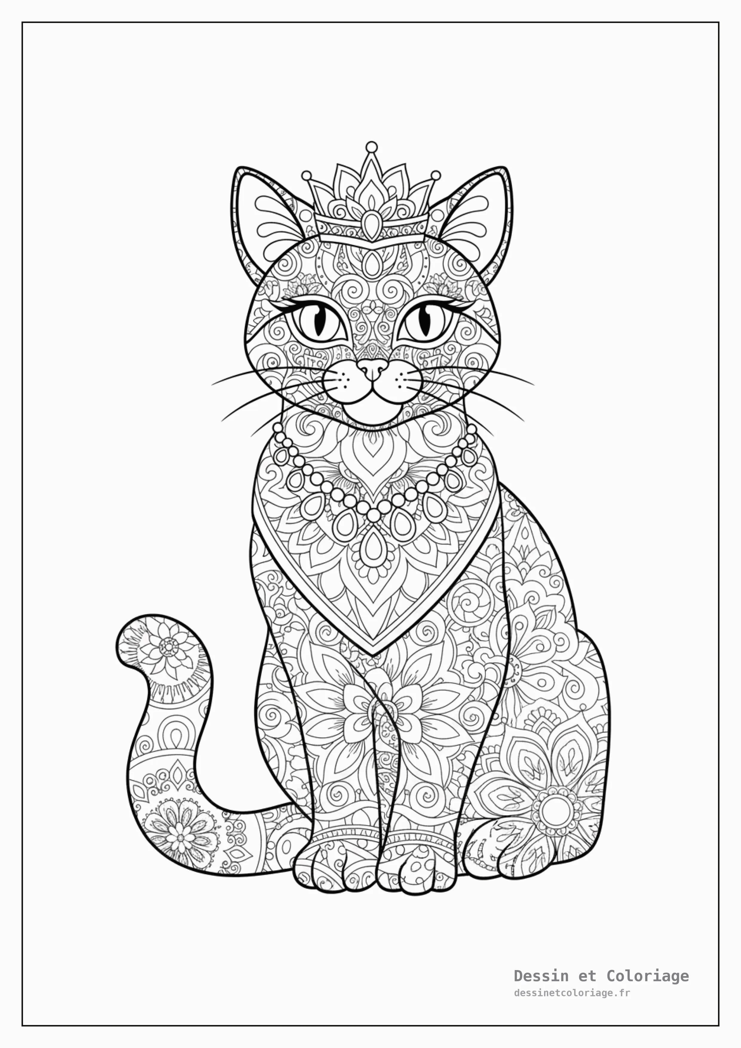 coloriage chaton mandala — Chaton majestueux orné de motifs mandala d'inspiration indienne, avec des bijoux stylisés.