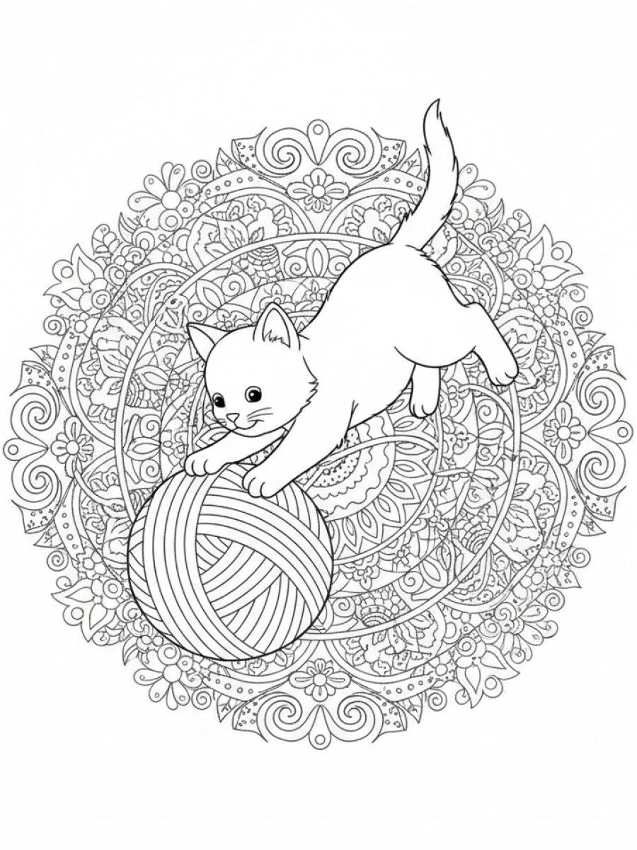 coloriage chaton mandala — Chaton joueur bondissant vers une pelote de laine, des formes de mandala dynamiques l'entourent.