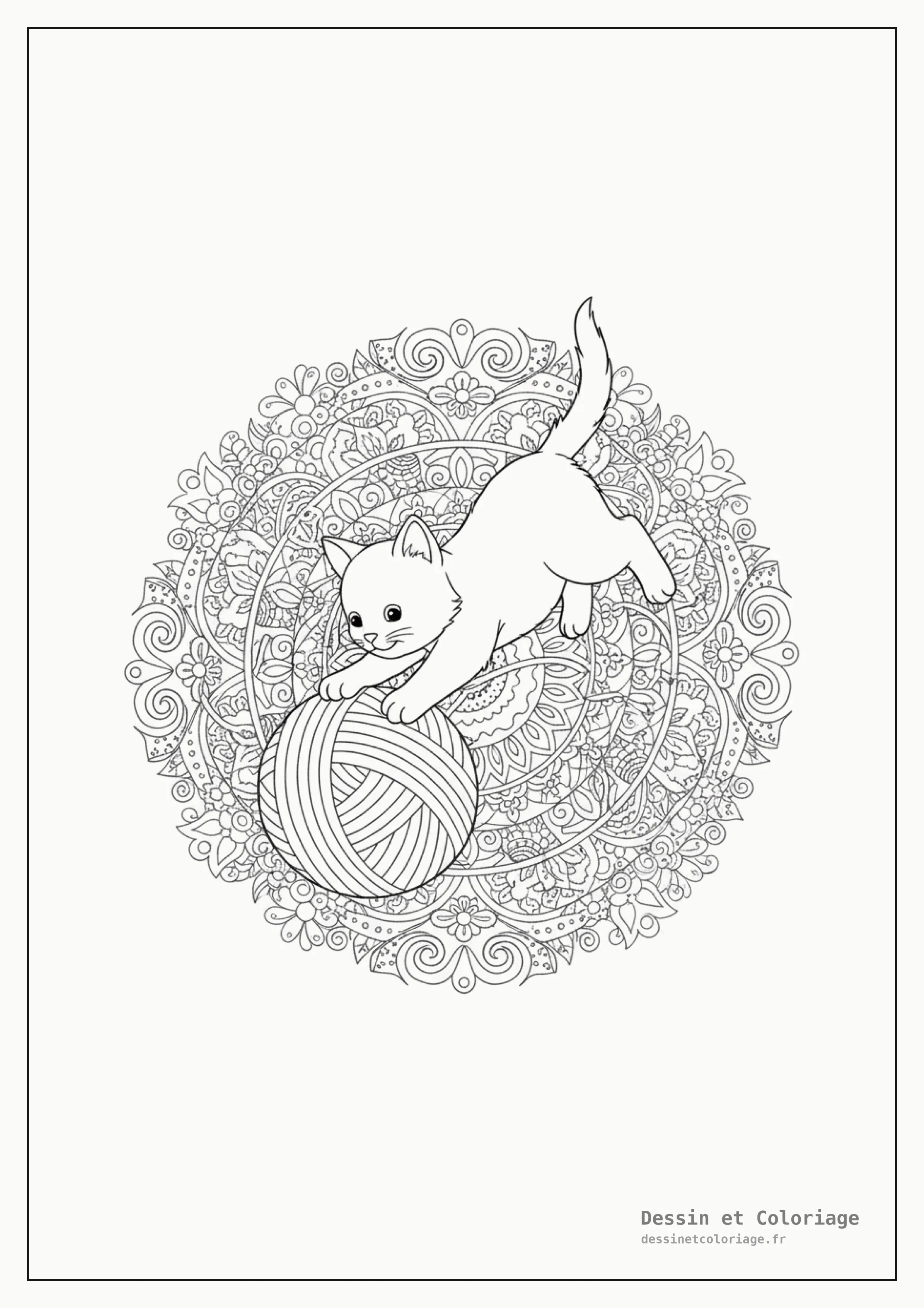 coloriage chaton mandala — Chaton joueur bondissant vers une pelote de laine, des formes de mandala dynamiques l'entourent.