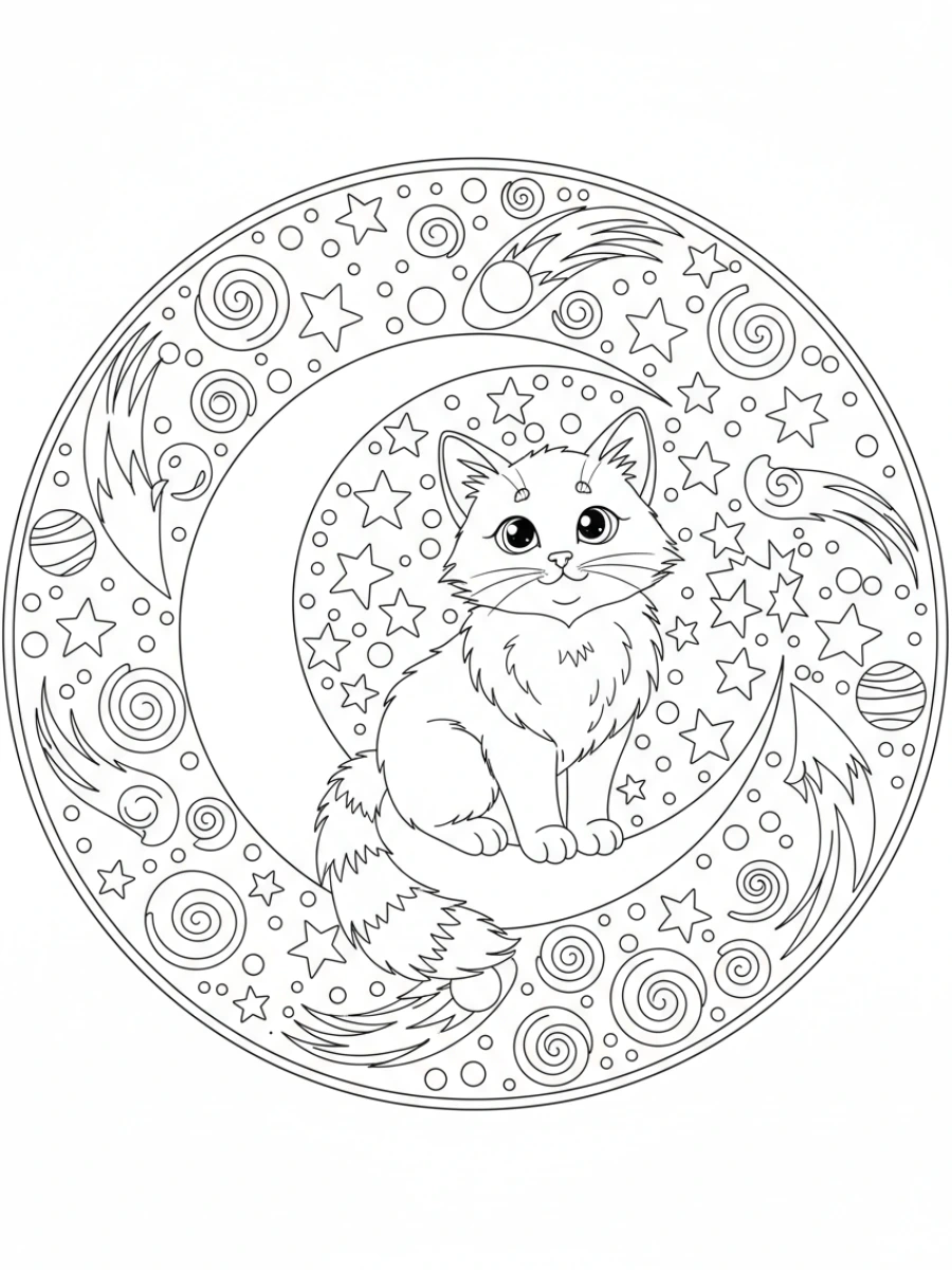 coloriage chaton mandala — Chaton assis sur un croissant de lune, entouré d'un mandala de nuit étoilée et de motifs lunaires.