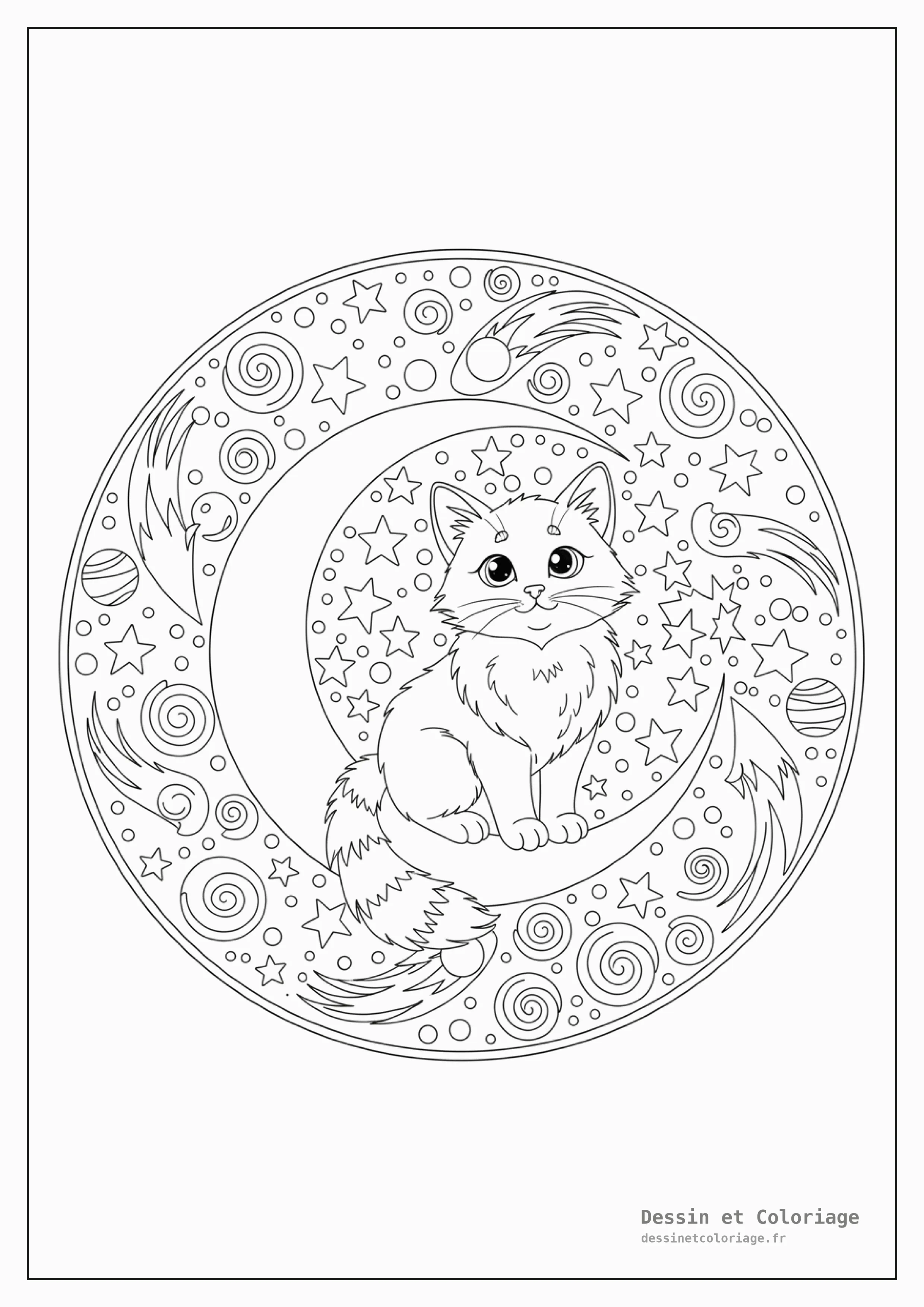 coloriage chaton mandala — Chaton assis sur un croissant de lune, entouré d'un mandala de nuit étoilée et de motifs lunaires.