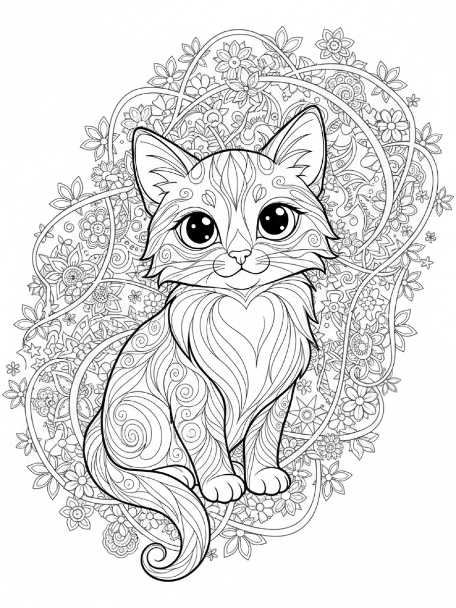 coloriage chaton mandala — Chaton aux grands yeux, entouré de mandalas mystiques et de spirales magiques.
