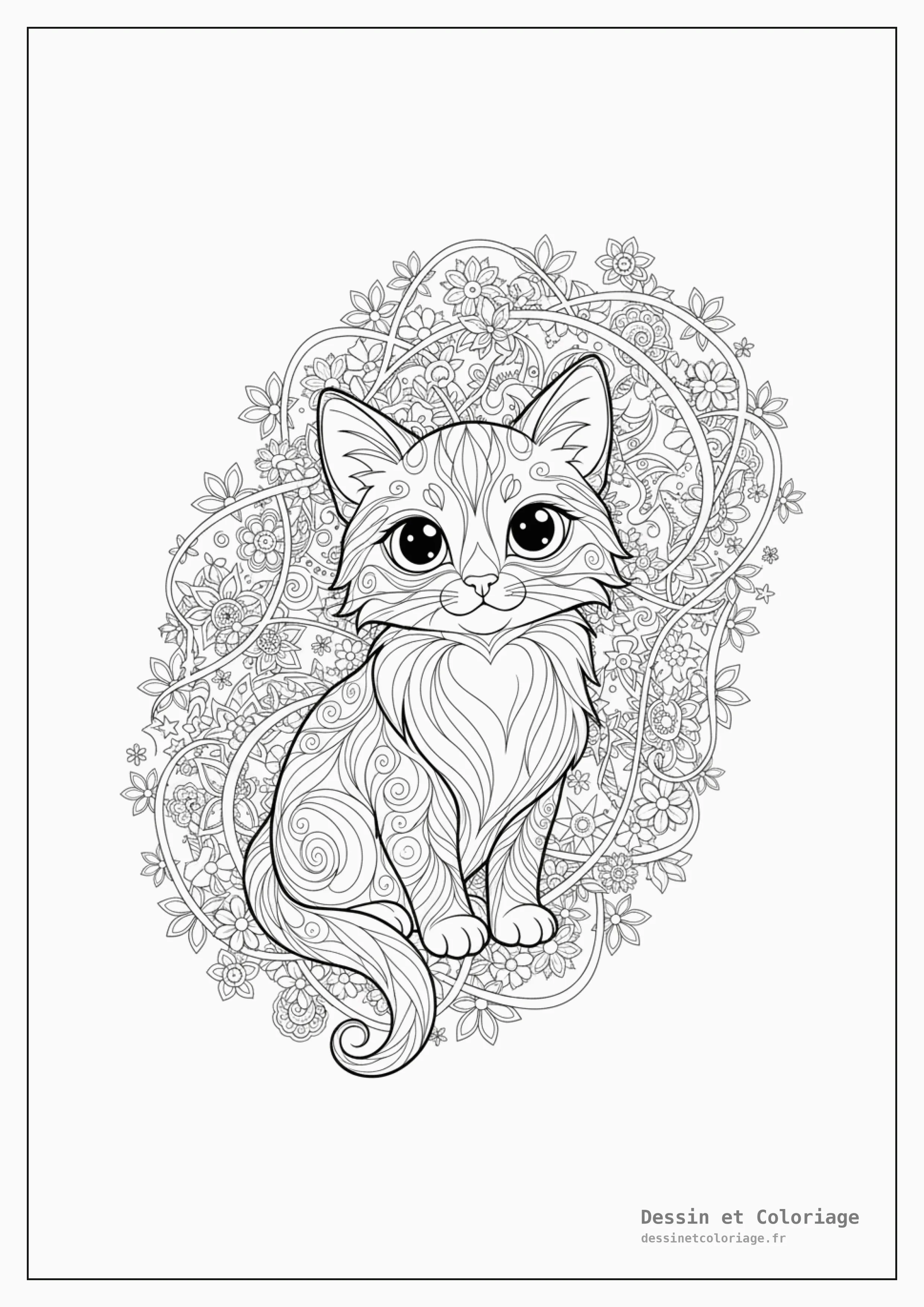 coloriage chaton mandala — Chaton aux grands yeux, entouré de mandalas mystiques et de spirales magiques.