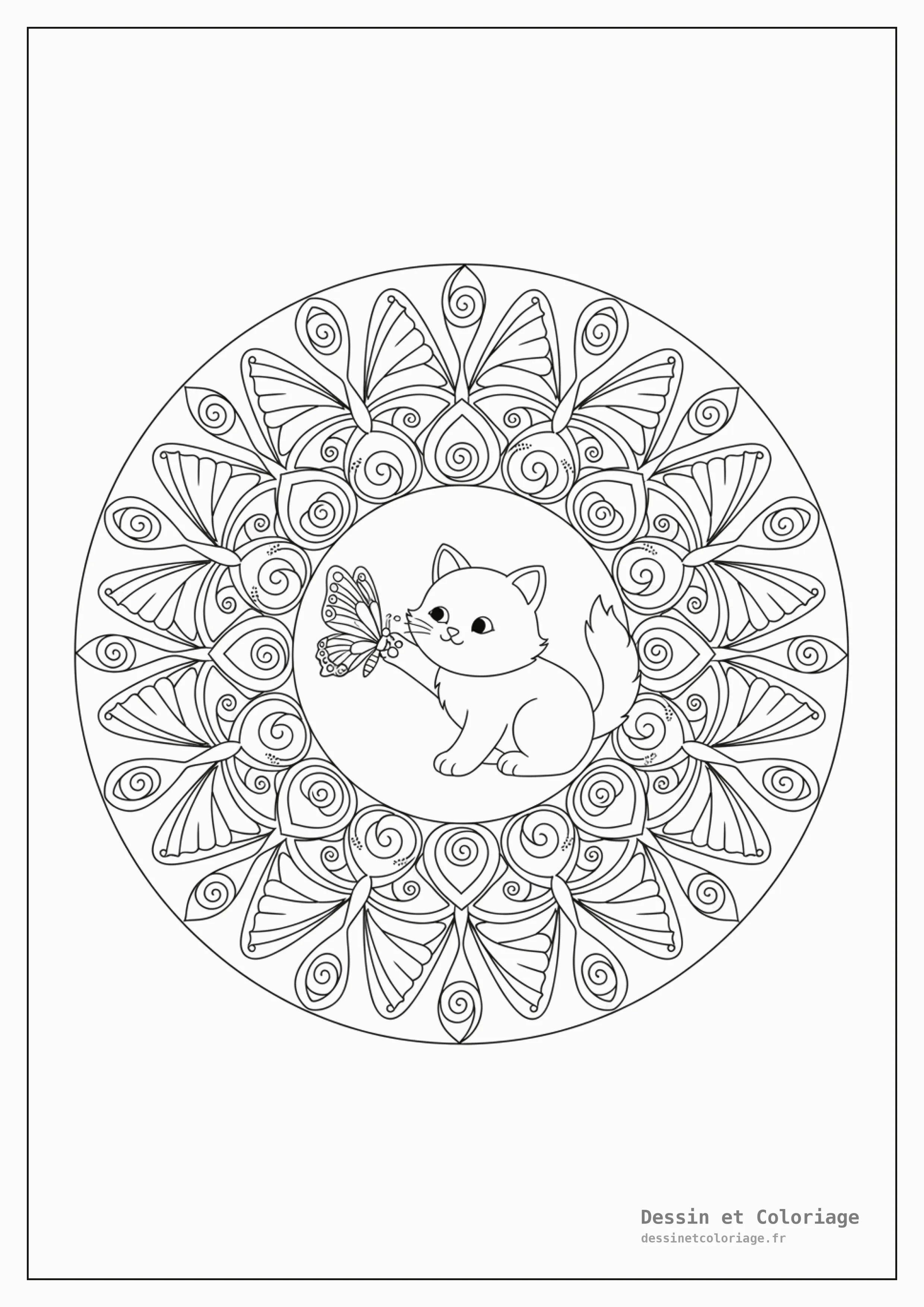 coloriage chaton mandala — Chaton jouant avec un papillon, intégré dans un mandala aux motifs d'ailes de papillon.