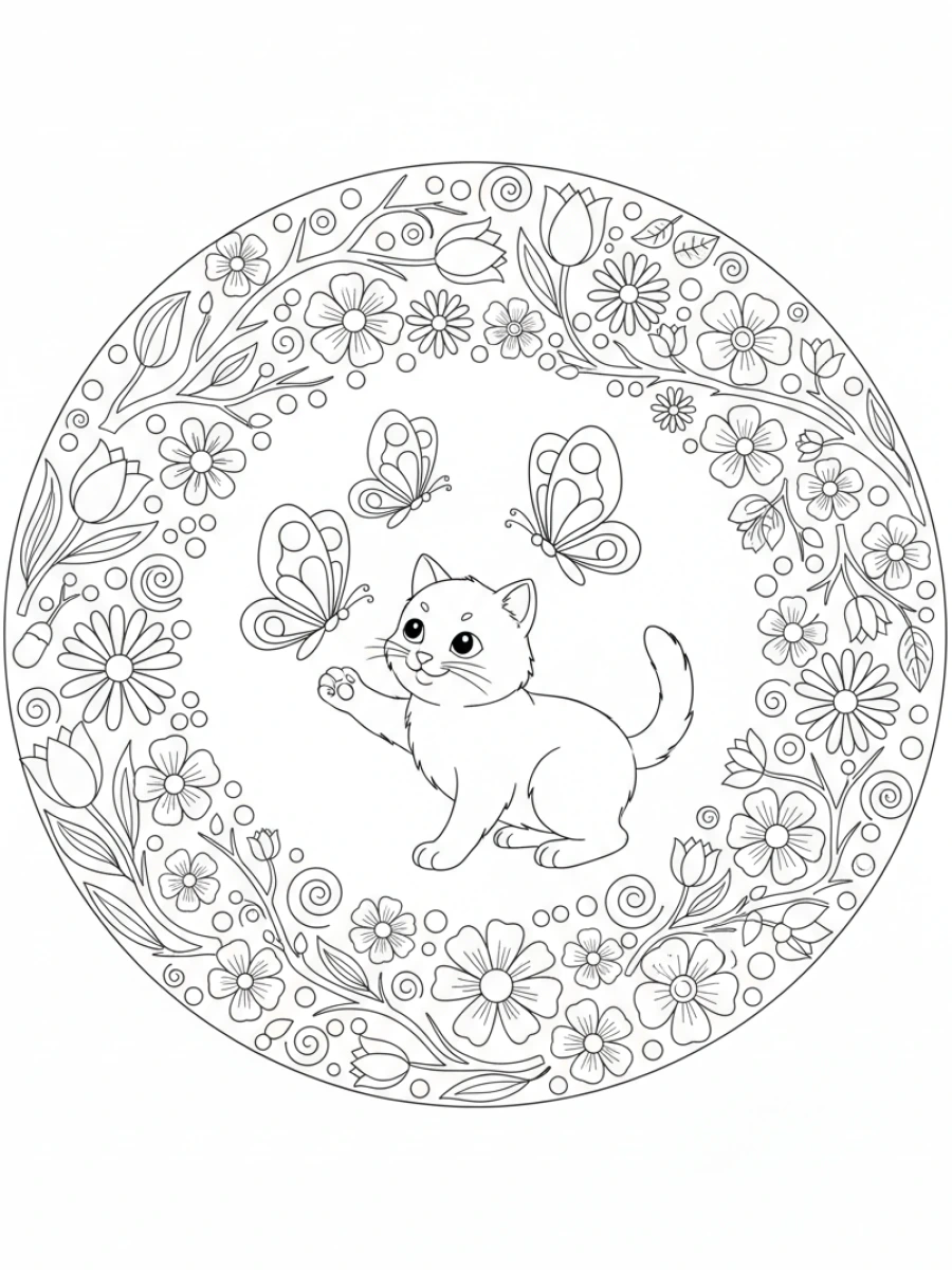 coloriage chaton mandala — Chaton jouant avec papillons et fleurs, dans un mandala printanier avec des bourgeons éclos.