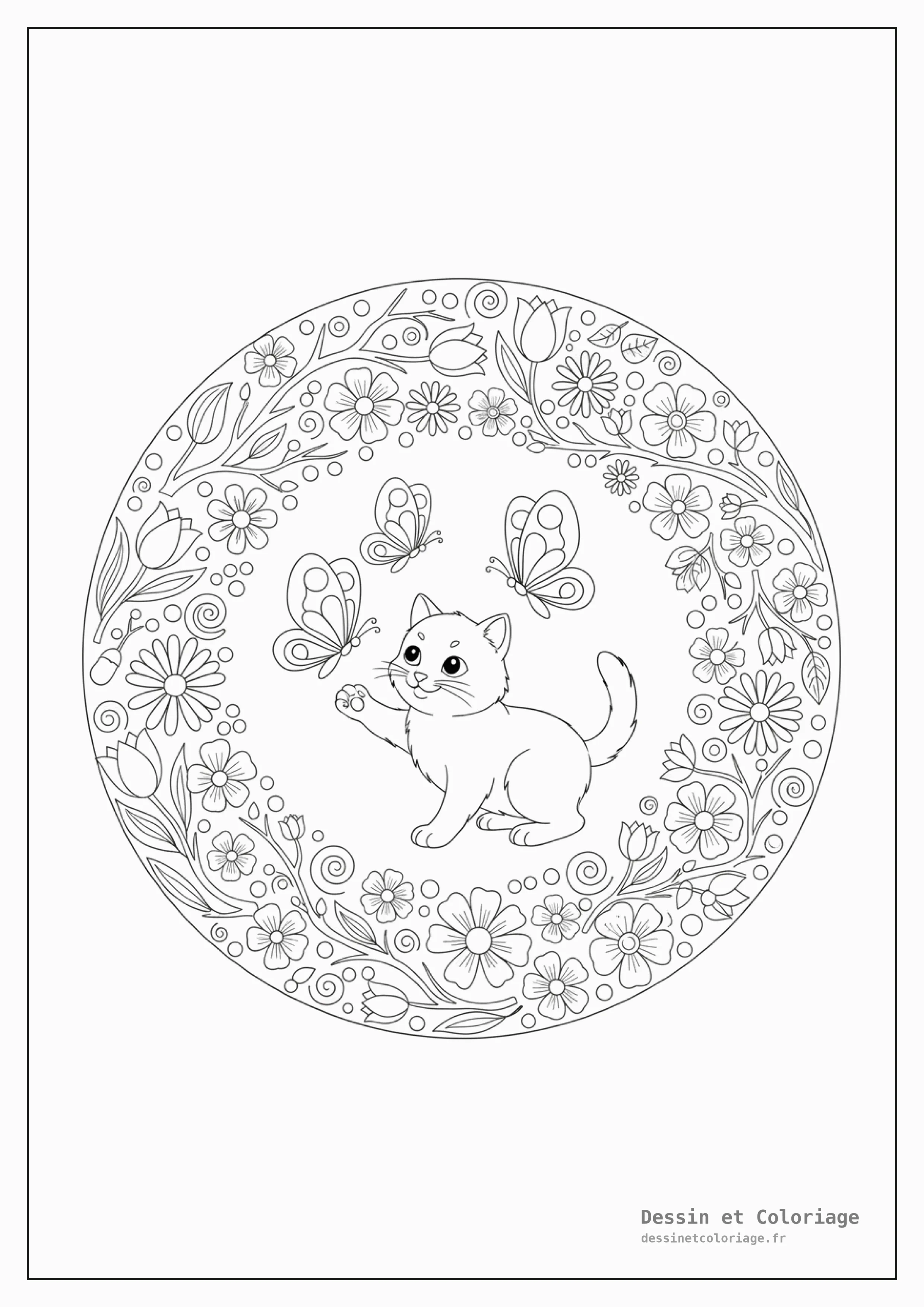 coloriage chaton mandala — Chaton jouant avec papillons et fleurs, dans un mandala printanier avec des bourgeons éclos.