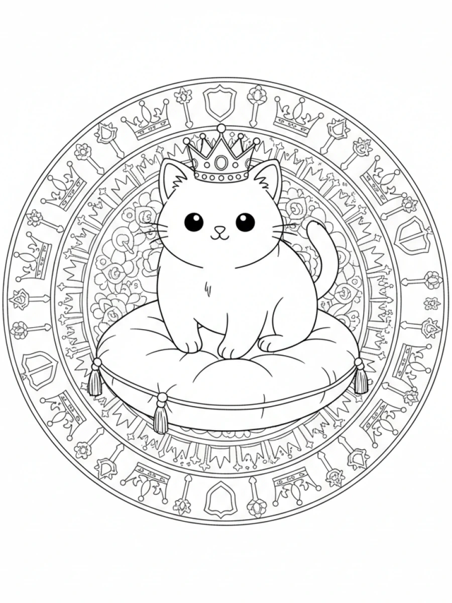 coloriage chaton mandala — Chaton coiffé d'une petite couronne, assis sur un coussin, entouré de mandalas royaux et d'ornements.
