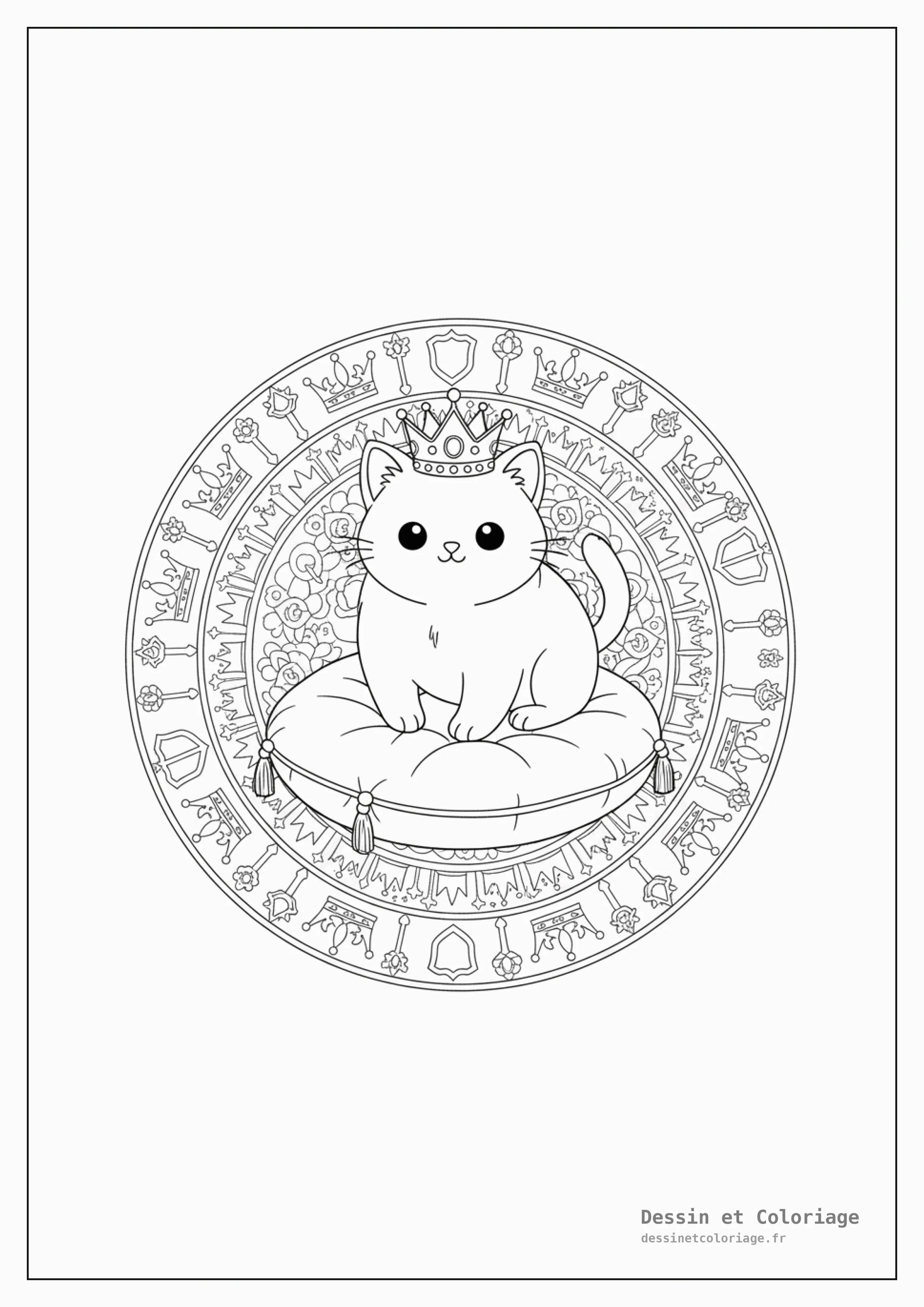 coloriage chaton mandala — Chaton coiffé d'une petite couronne, assis sur un coussin, entouré de mandalas royaux et d'ornements.