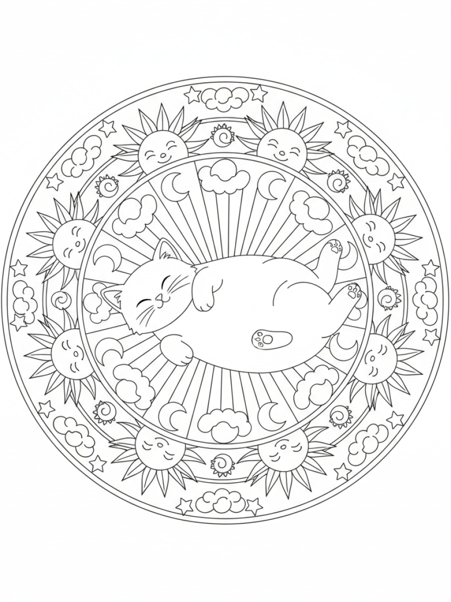 coloriage chaton mandala — Chaton se prélassant sous les rayons du soleil, au centre d'un mandala lumineux aux motifs solaires.