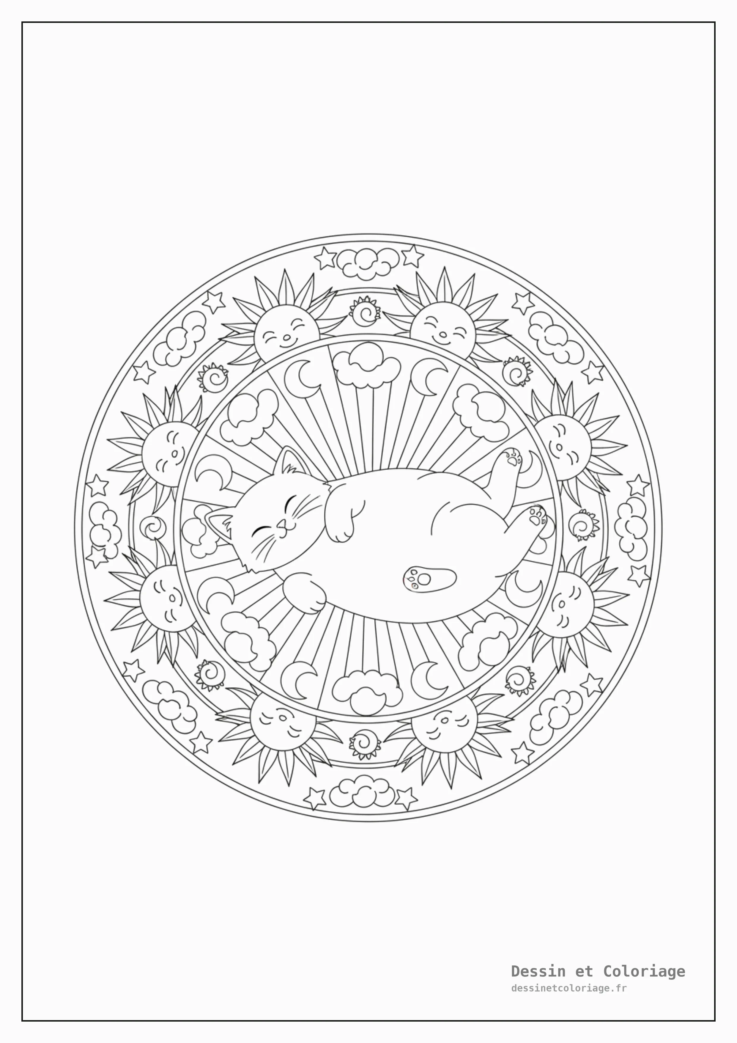 coloriage chaton mandala — Chaton se prélassant sous les rayons du soleil, au centre d'un mandala lumineux aux motifs solaires.