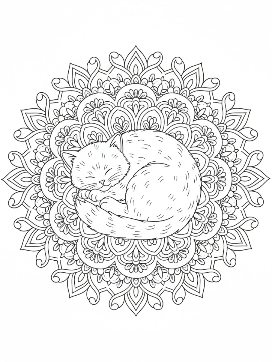 coloriage chaton mandala — Chaton endormi, recroquevillé au centre d'un mandala détaillé, entouré de motifs floraux.