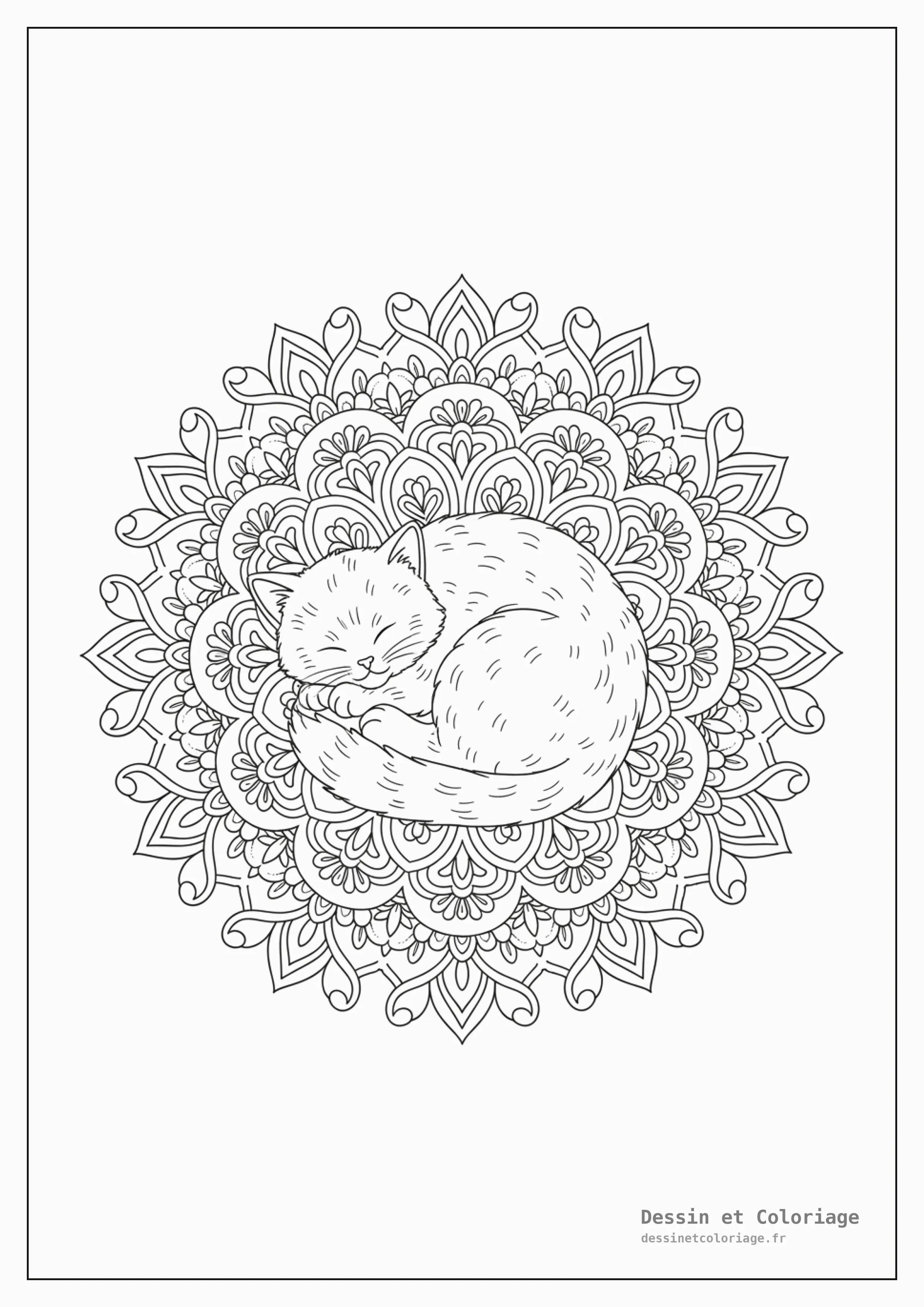 coloriage chaton mandala — Chaton endormi, recroquevillé au centre d'un mandala détaillé, entouré de motifs floraux.