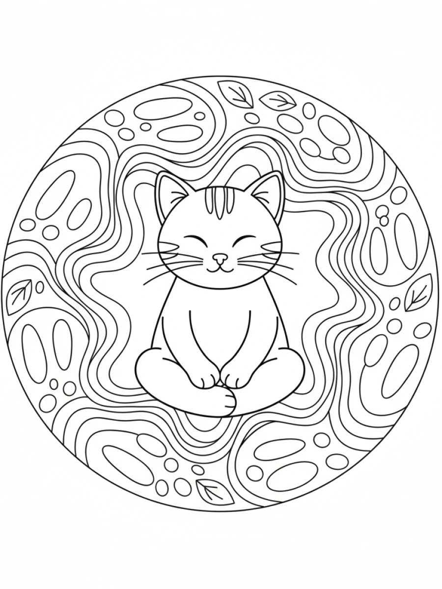 coloriage chaton mandala — Chaton serein méditant au centre d'un mandala de style jardin zen, avec des galets et vagues.