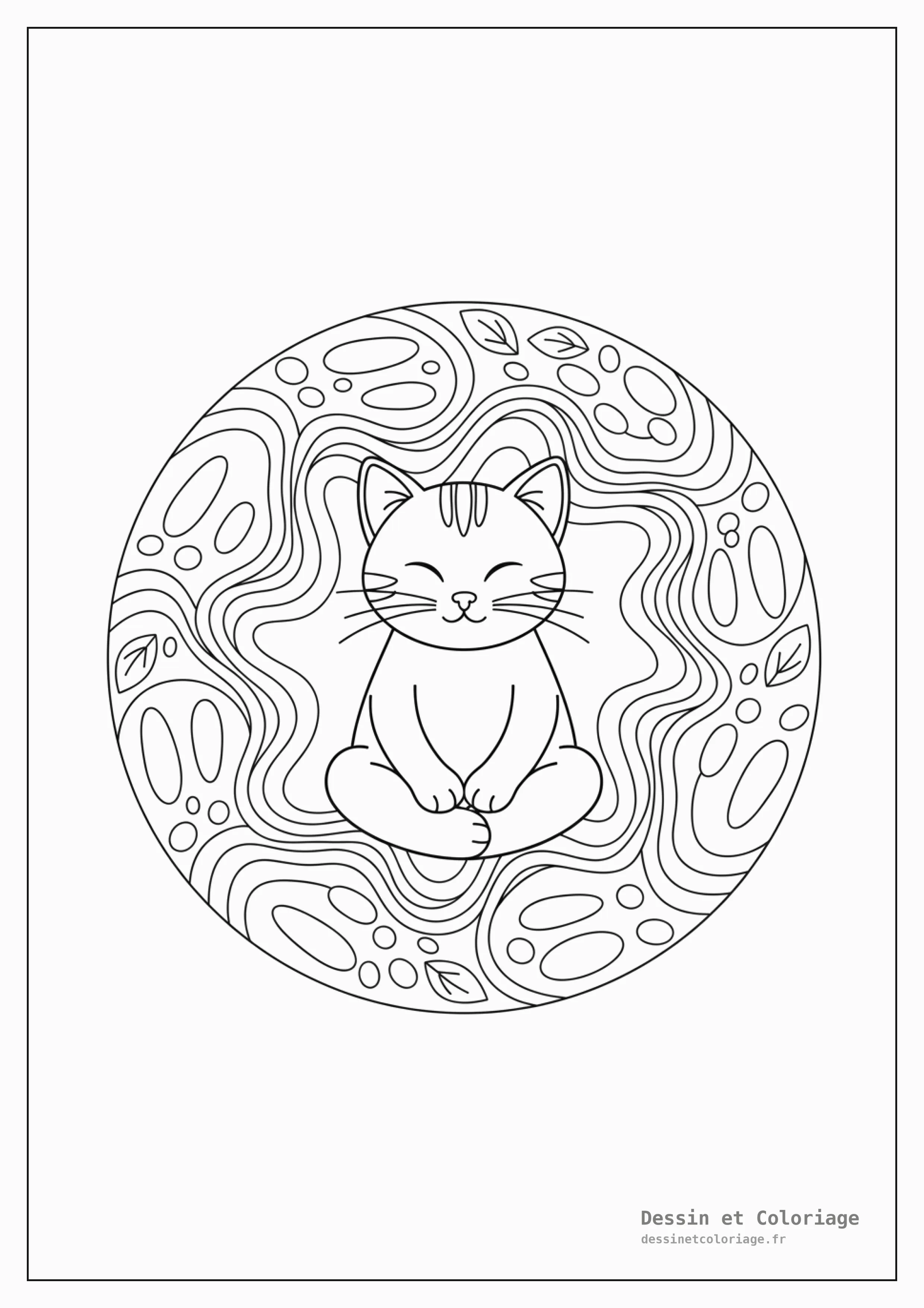 coloriage chaton mandala — Chaton serein méditant au centre d'un mandala de style jardin zen, avec des galets et vagues.
