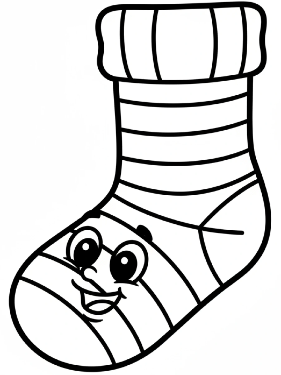 coloriage kawaii facile — Une chaussette rayée avec un visage joueur et de grands yeux curieux, prête à être enfilée.