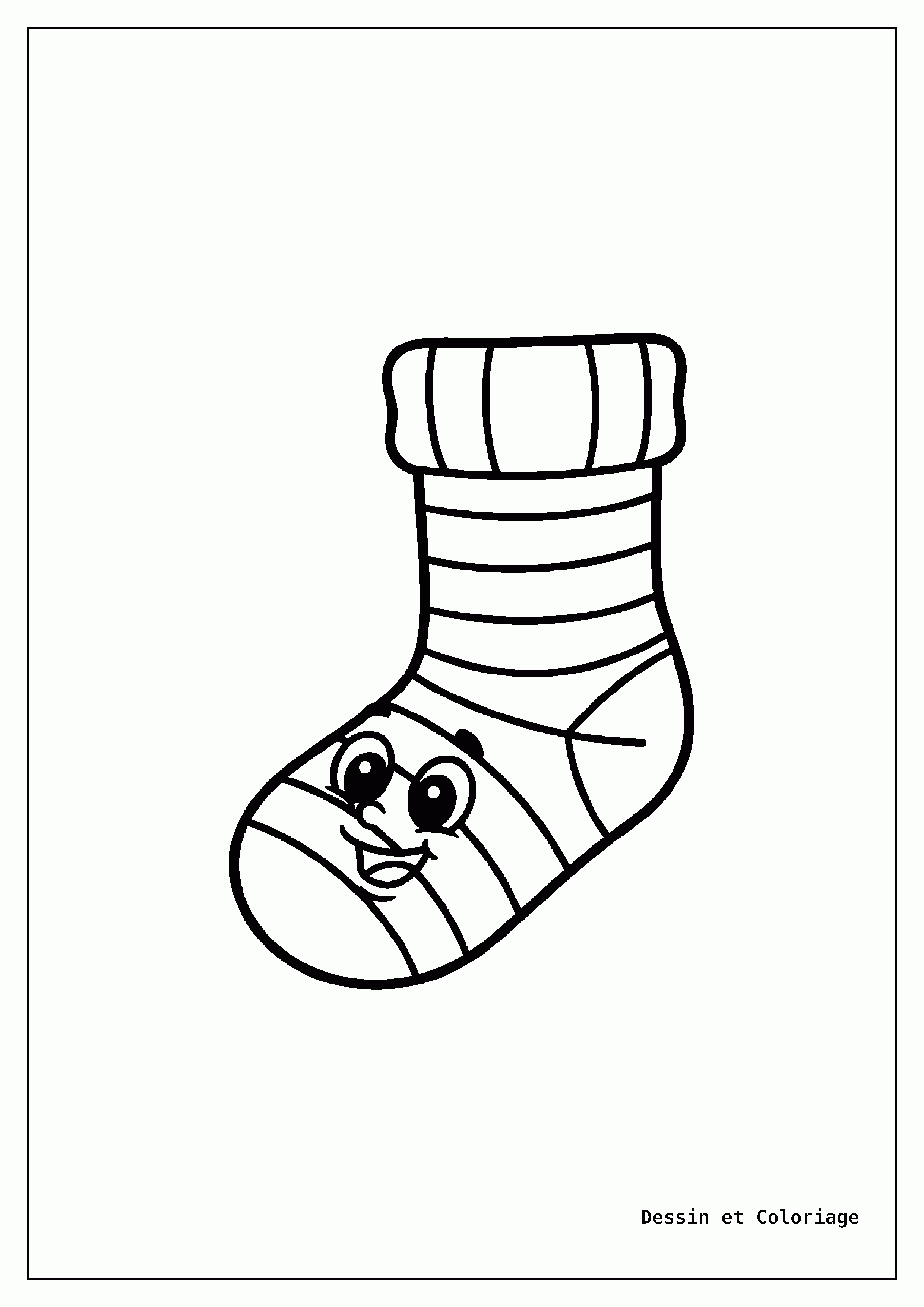 coloriage kawaii facile — Une chaussette rayée avec un visage joueur et de grands yeux curieux, prête à être enfilée.