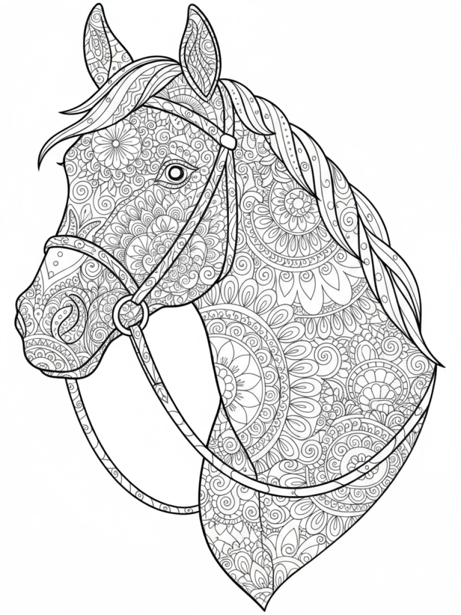 coloriage cheval mandala — Un portrait de cheval, dont la bride et les rênes sont remplacées par des motifs mandala complexes.