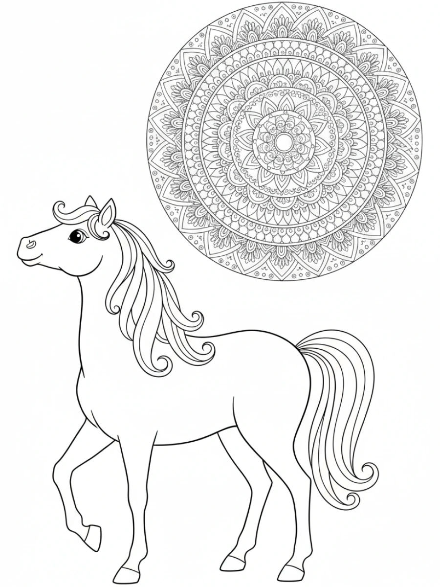 Coloriage Cheval face au soleil mandala