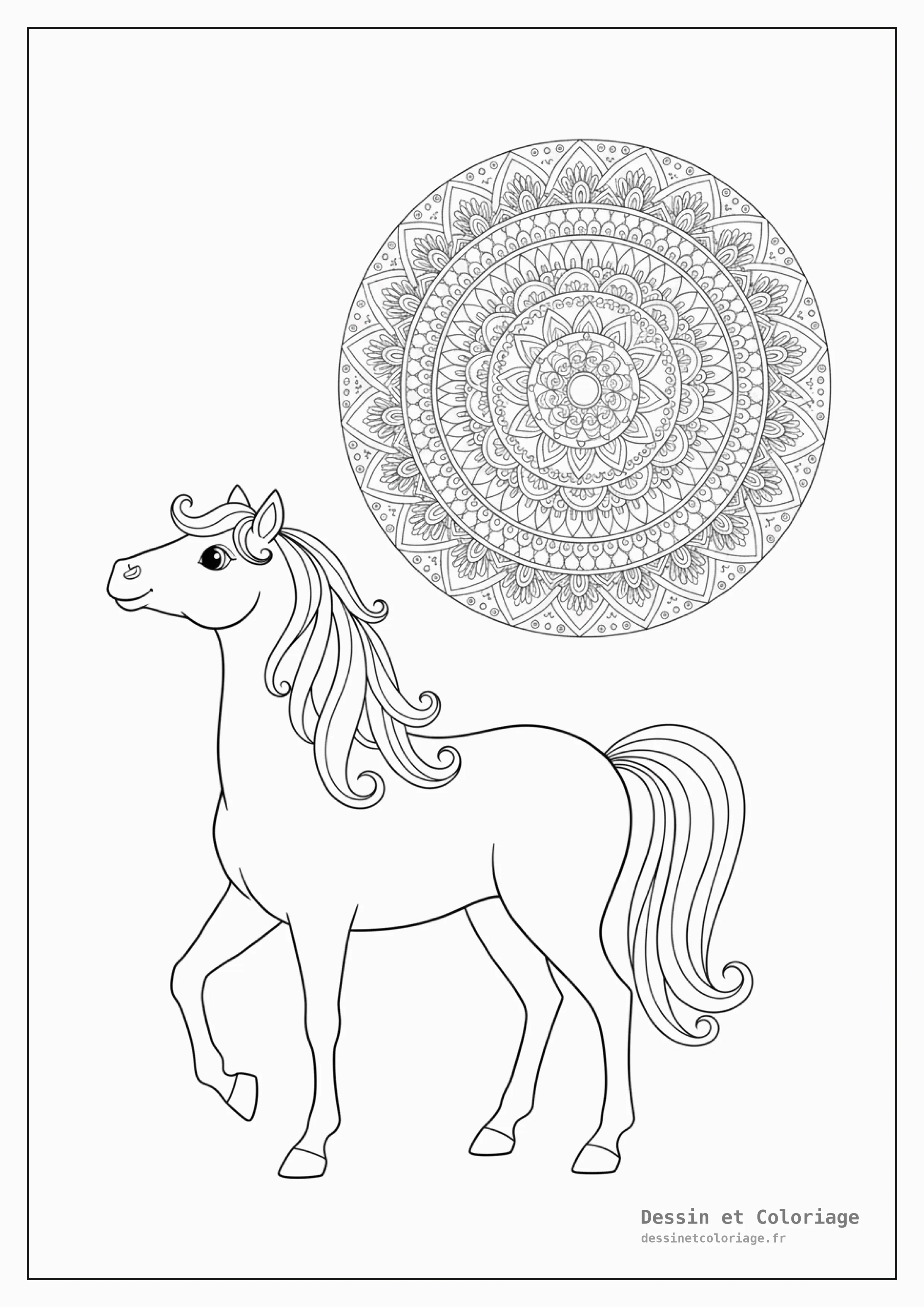 coloriage cheval mandala — Un cheval regardant vers le haut, observant un soleil dessiné avec des motifs mandala complexes.