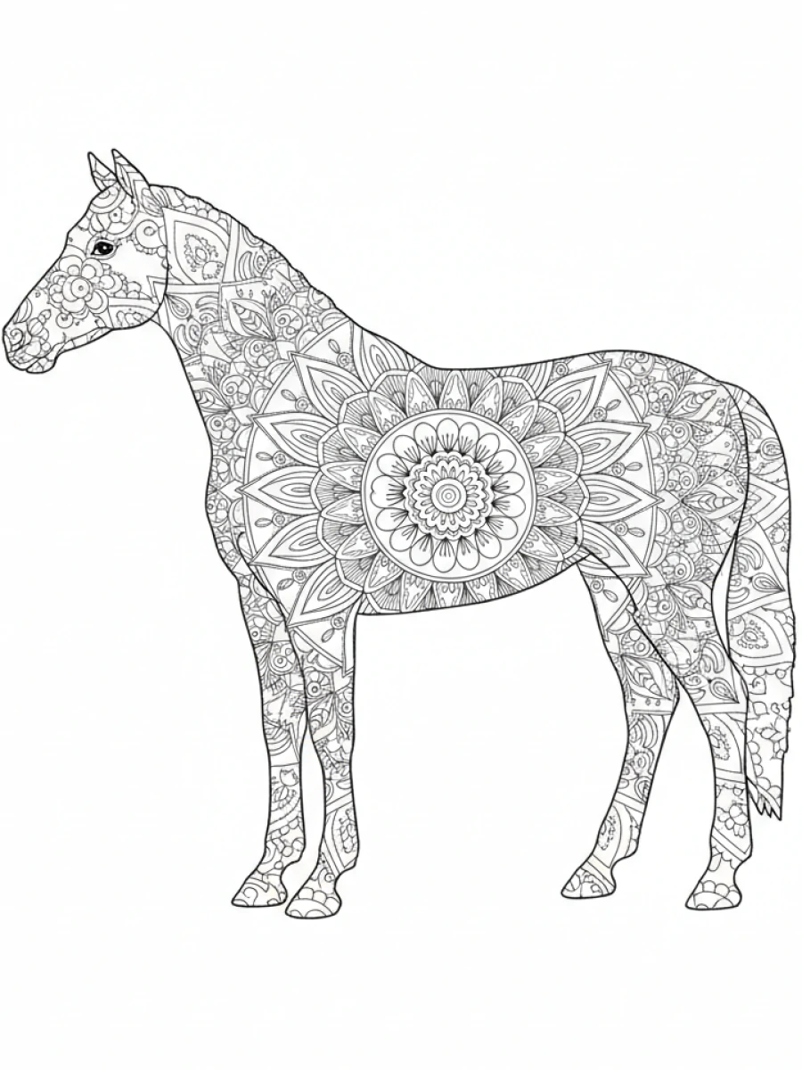 coloriage cheval mandala — Un cheval de profil, dont le flanc est décoré d'un grand motif mandala détaillé.
