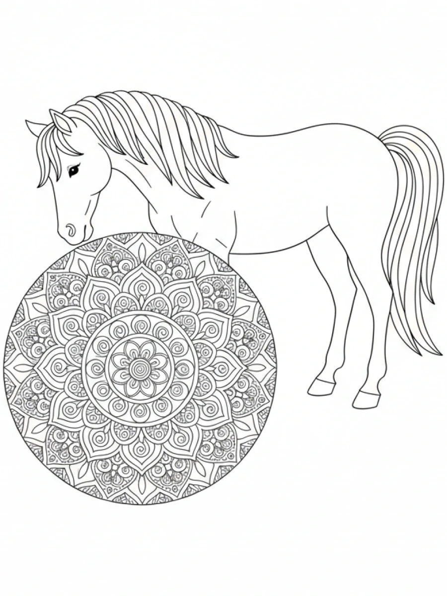coloriage cheval mandala — Un cheval poussant doucement un grand objet sphérique, entièrement composé d'un mandala complexe.