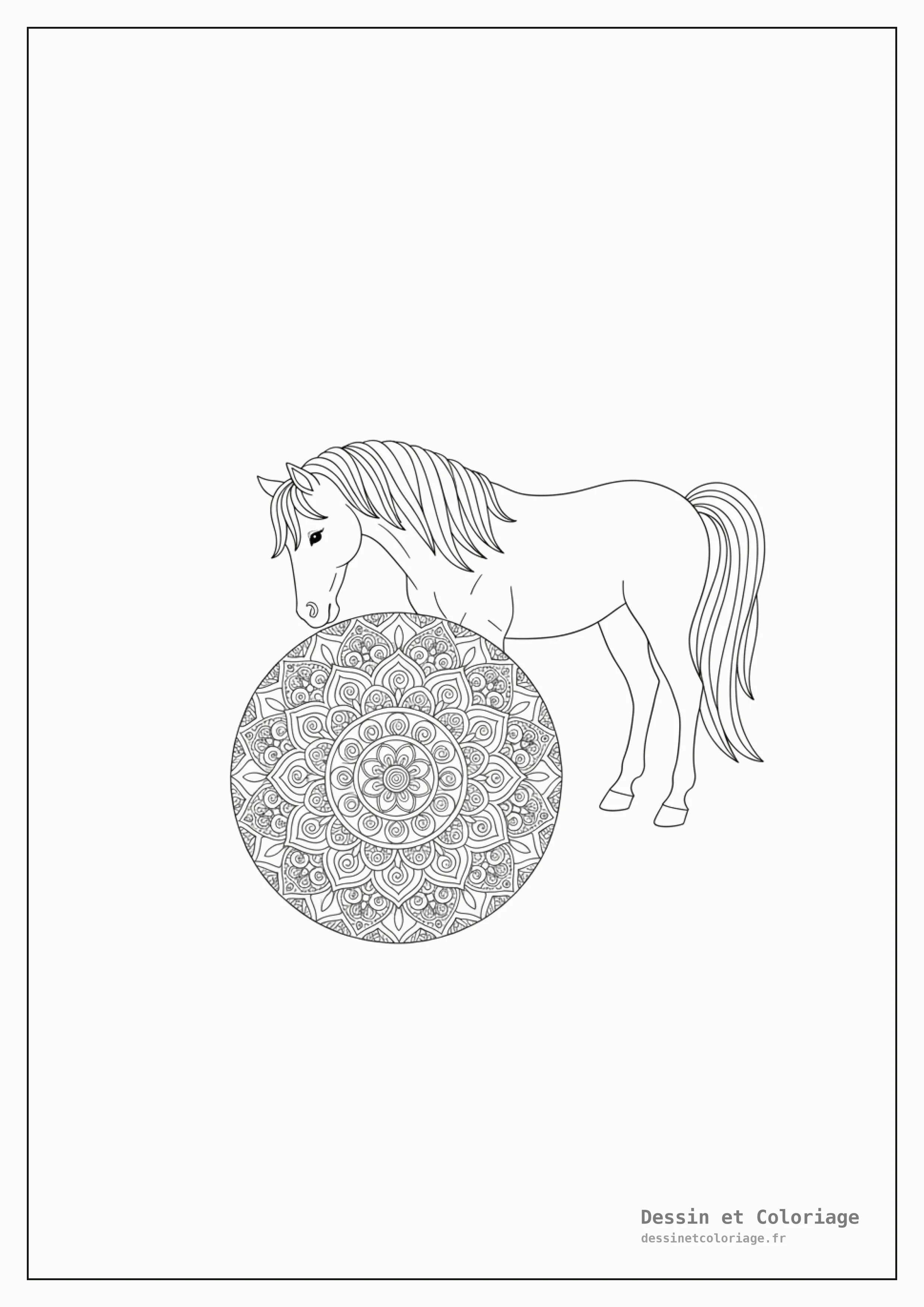 coloriage cheval mandala — Un cheval poussant doucement un grand objet sphérique, entièrement composé d'un mandala complexe.