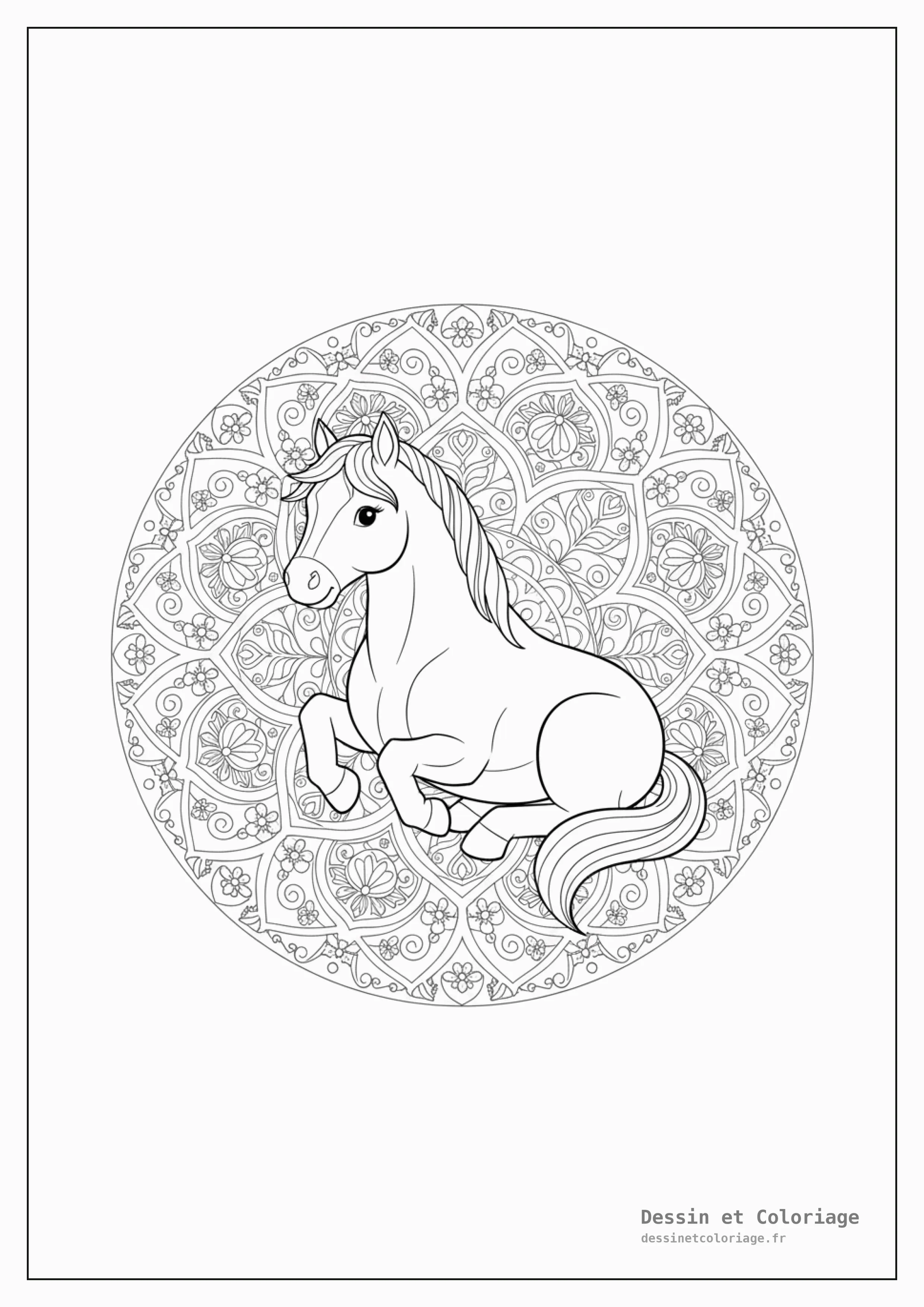 coloriage cheval mandala — Un cheval assis paisiblement, enveloppé d'une aura circulaire aux motifs mandala.