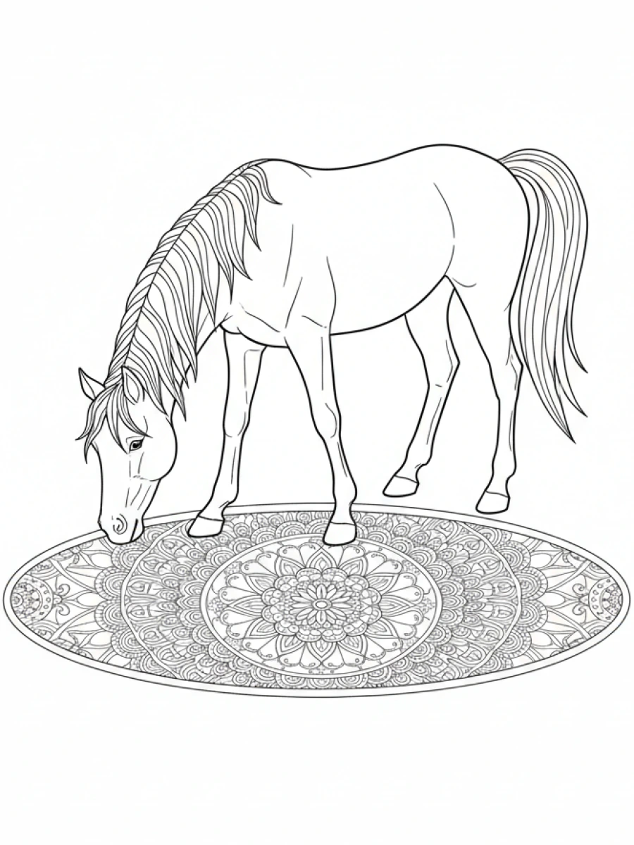 coloriage cheval mandala — Un cheval se penchant pour boire dans un étang dont la surface de l'eau est un motif mandala complexe.