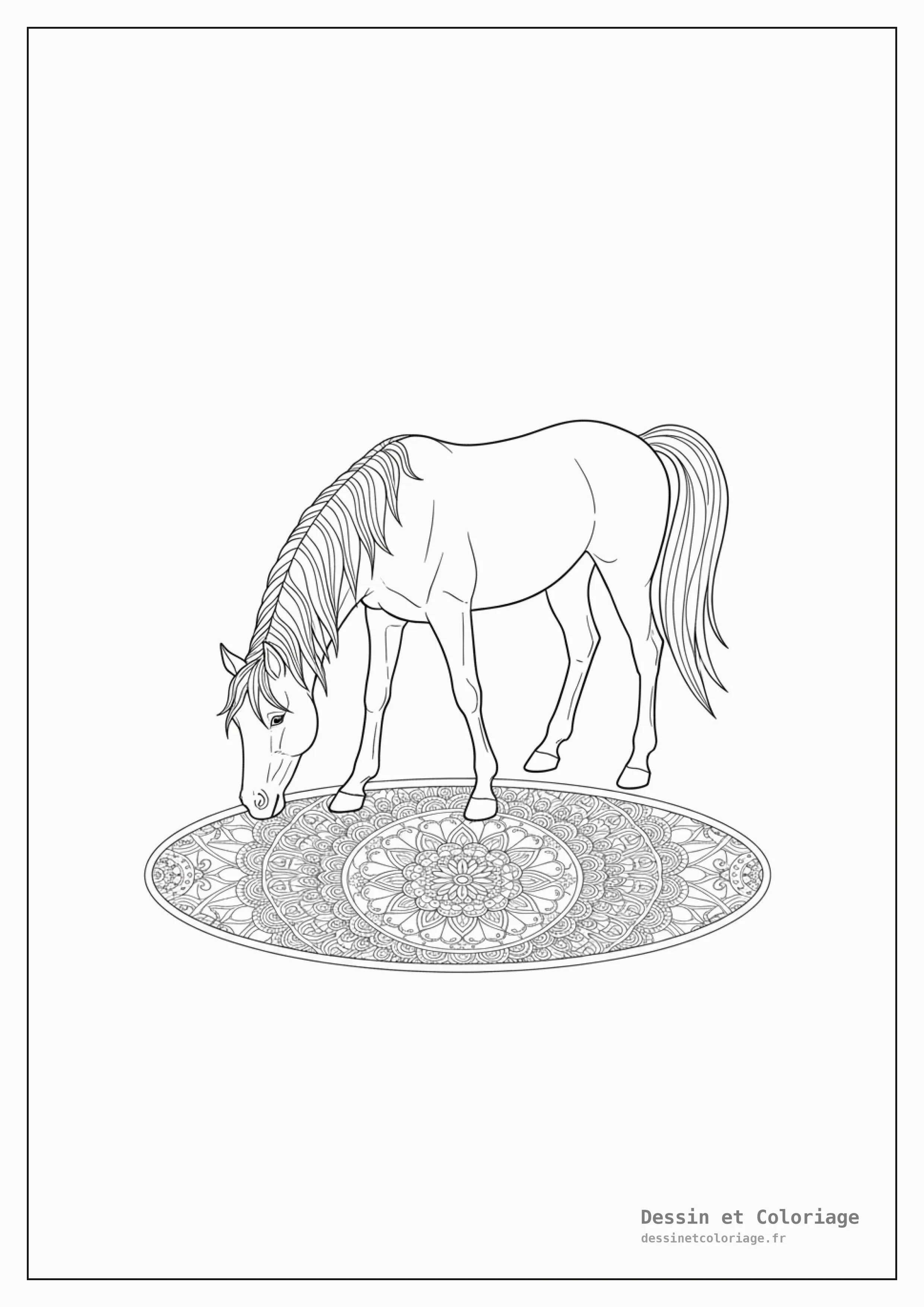 coloriage cheval mandala — Un cheval se penchant pour boire dans un étang dont la surface de l'eau est un motif mandala complexe.
