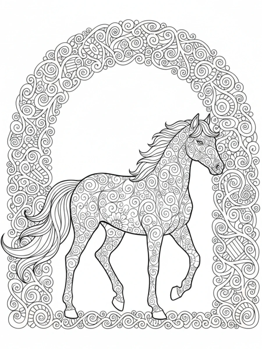 coloriage cheval mandala — Un cheval marchant élégamment sous une arche composée de motifs mandala fluides.
