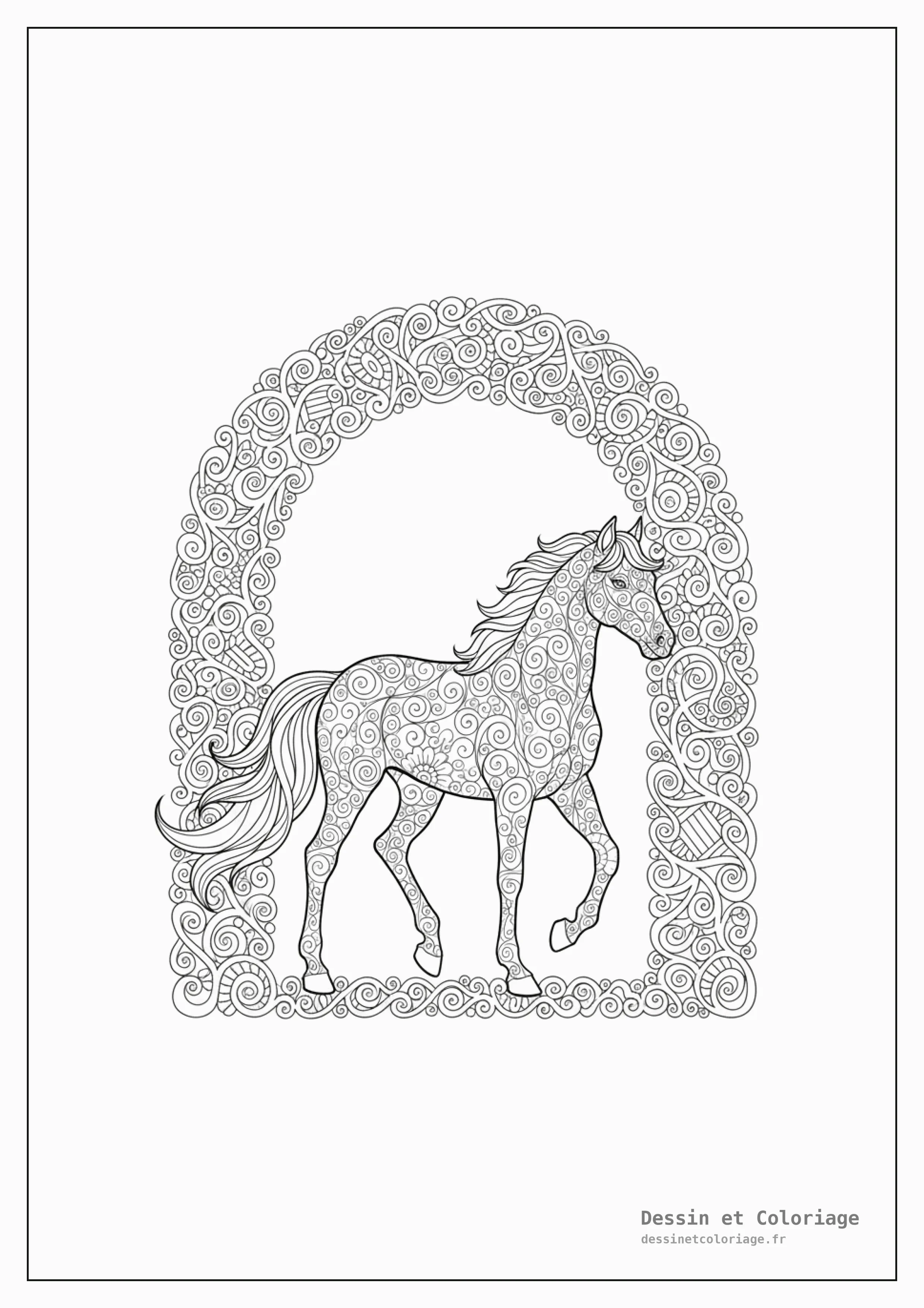 coloriage cheval mandala — Un cheval marchant élégamment sous une arche composée de motifs mandala fluides.