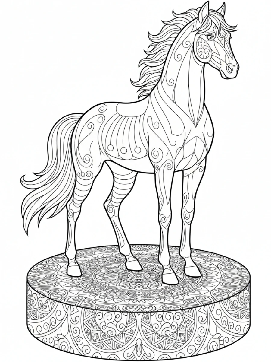 coloriage cheval mandala — Un cheval majestueux se tenant fièrement sur un piédestal circulaire recouvert de motifs mandala complexes.