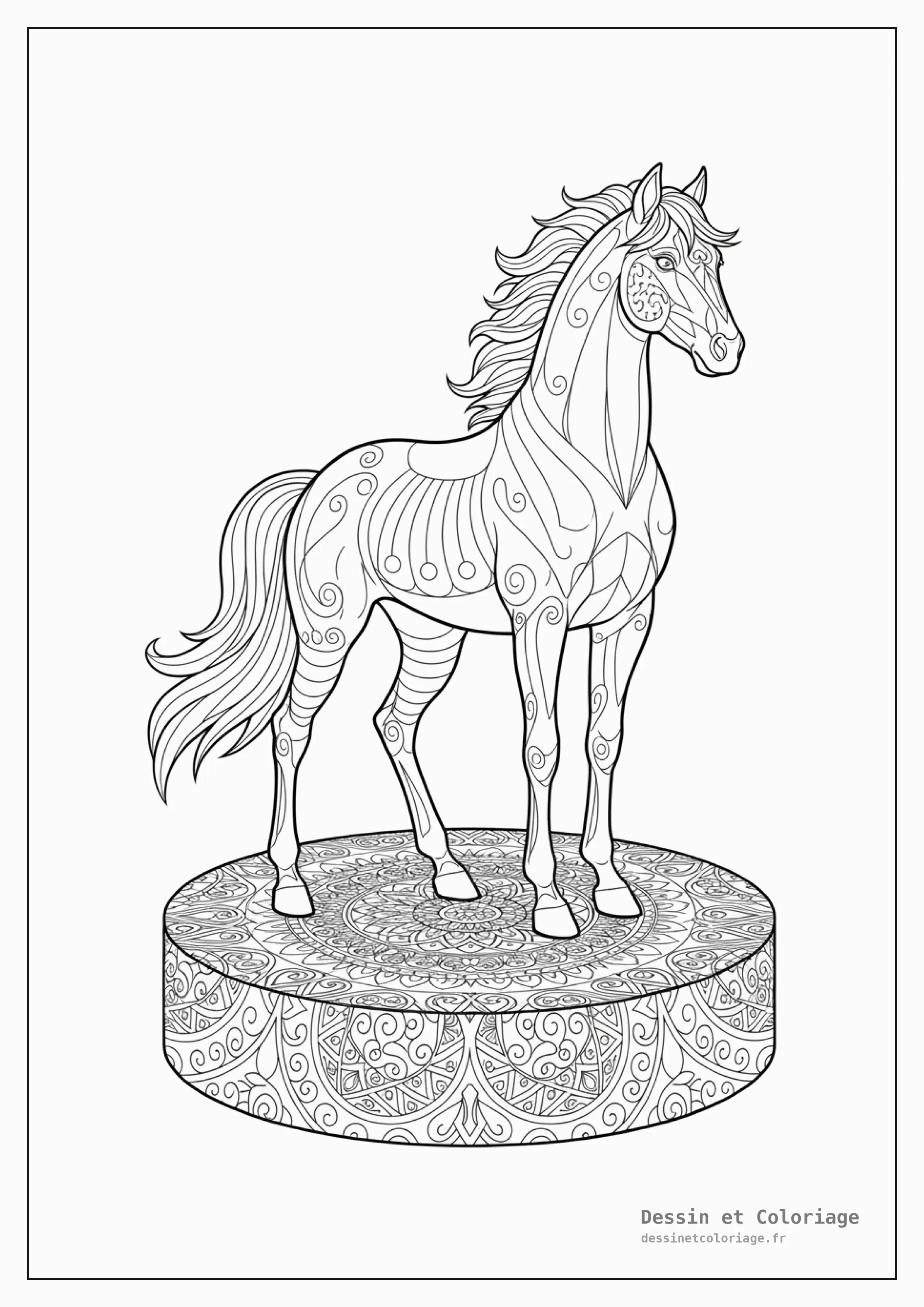 coloriage cheval mandala — Un cheval majestueux se tenant fièrement sur un piédestal circulaire recouvert de motifs mandala complexes.