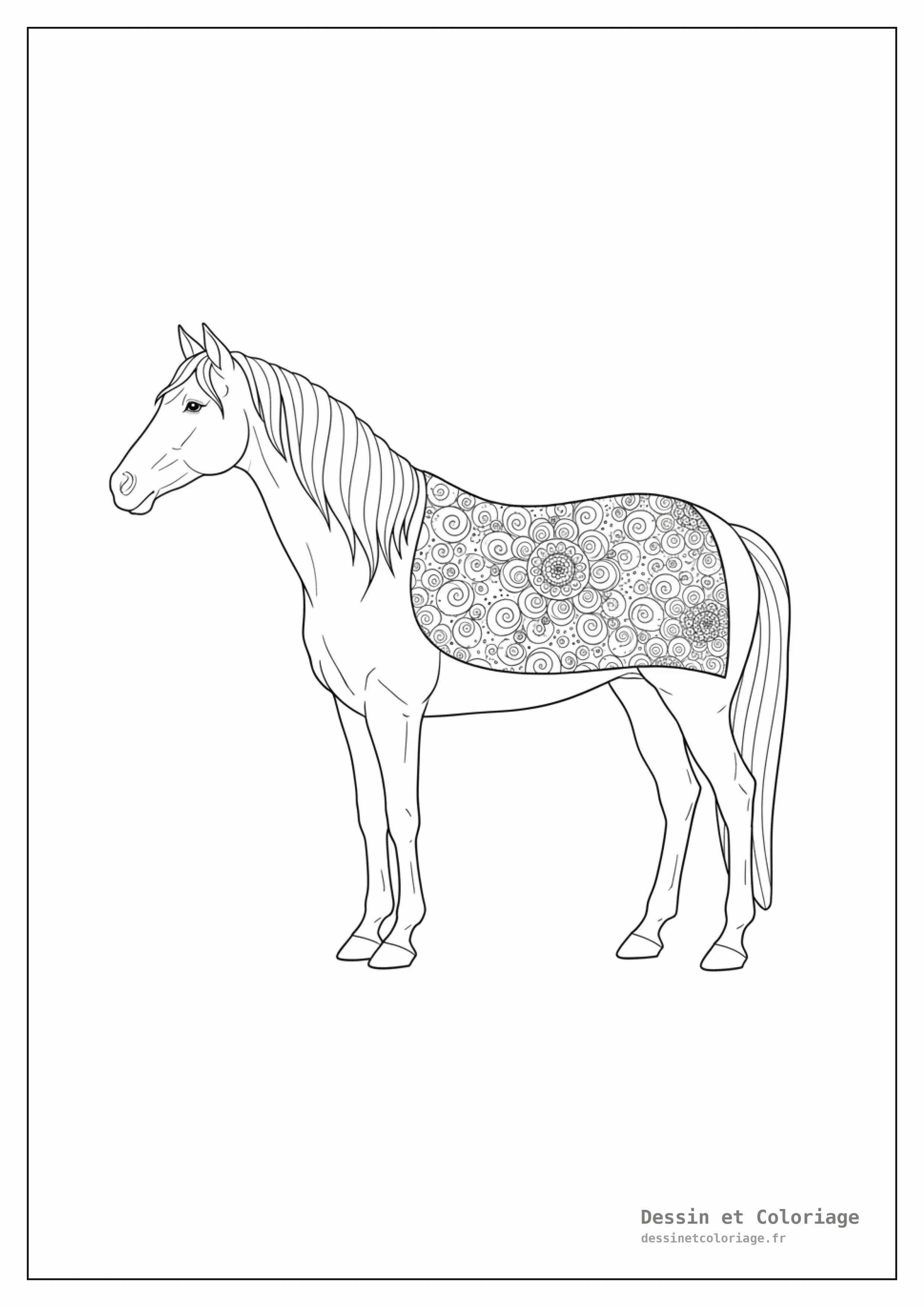 coloriage cheval mandala — Un cheval de profil portant un tapis de selle orné de motifs mandala complexes.
