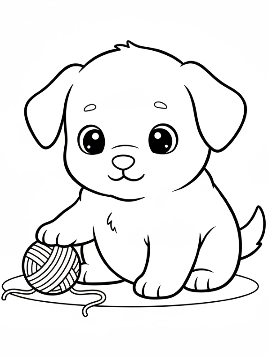 coloriage kawaii facile — Un chiot joueur avec une petite balle de laine, de grands yeux curieux et des oreilles tombantes.