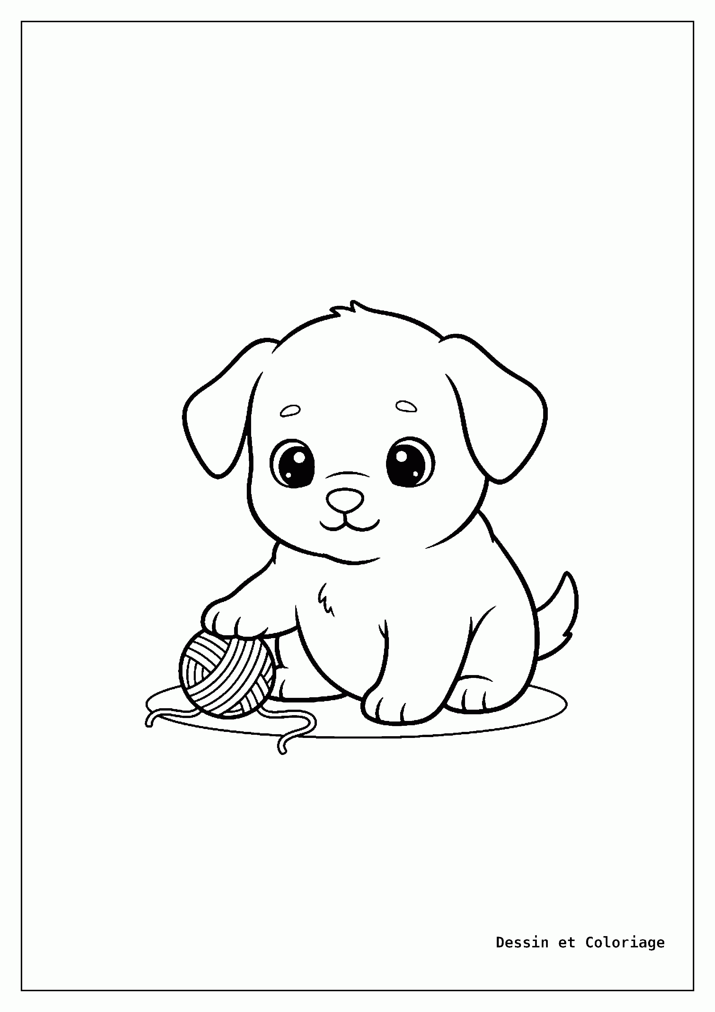 coloriage kawaii facile — Un chiot joueur avec une petite balle de laine, de grands yeux curieux et des oreilles tombantes.