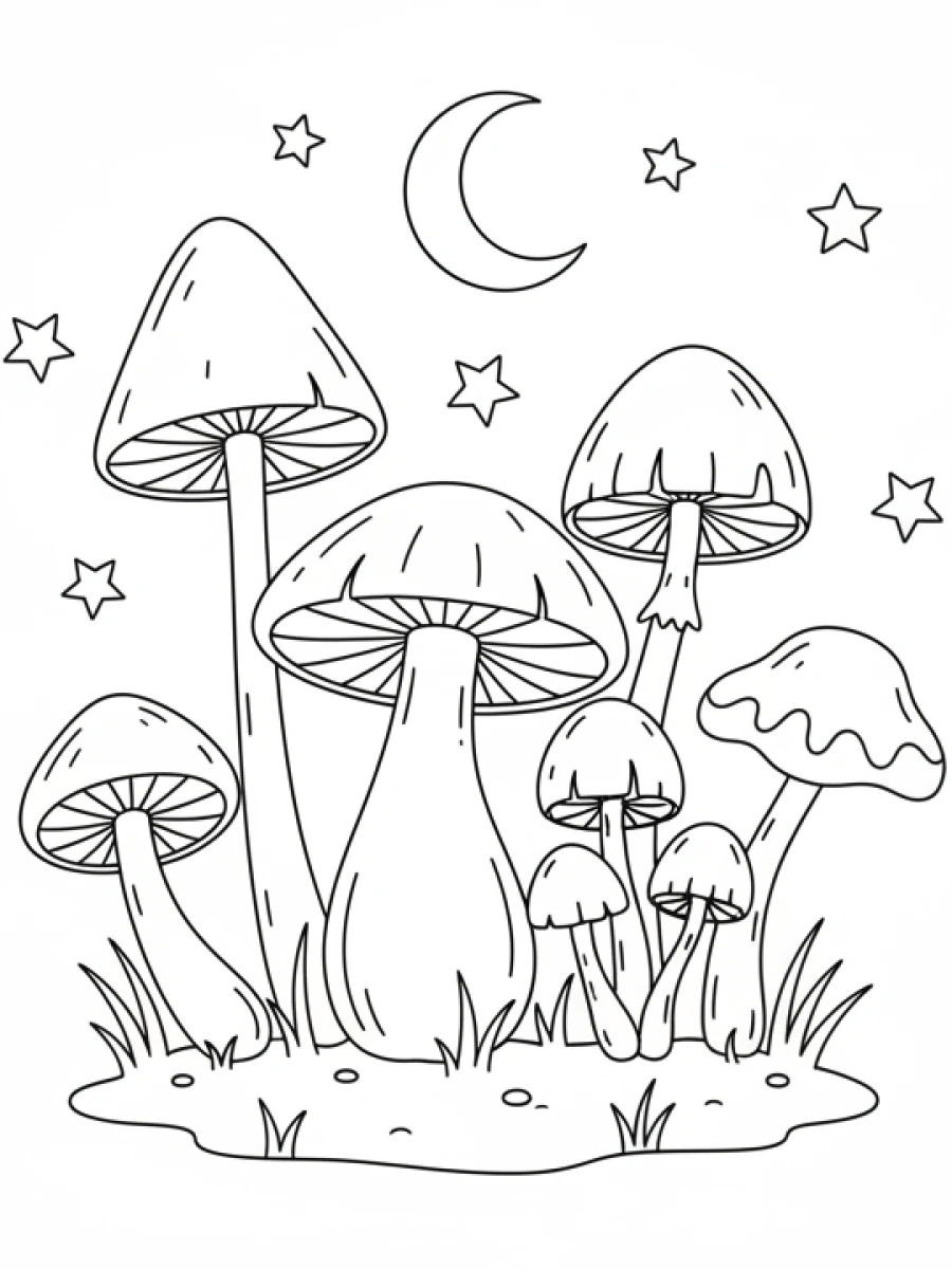 Coloriage Petits champignons variés dans l'herbe
