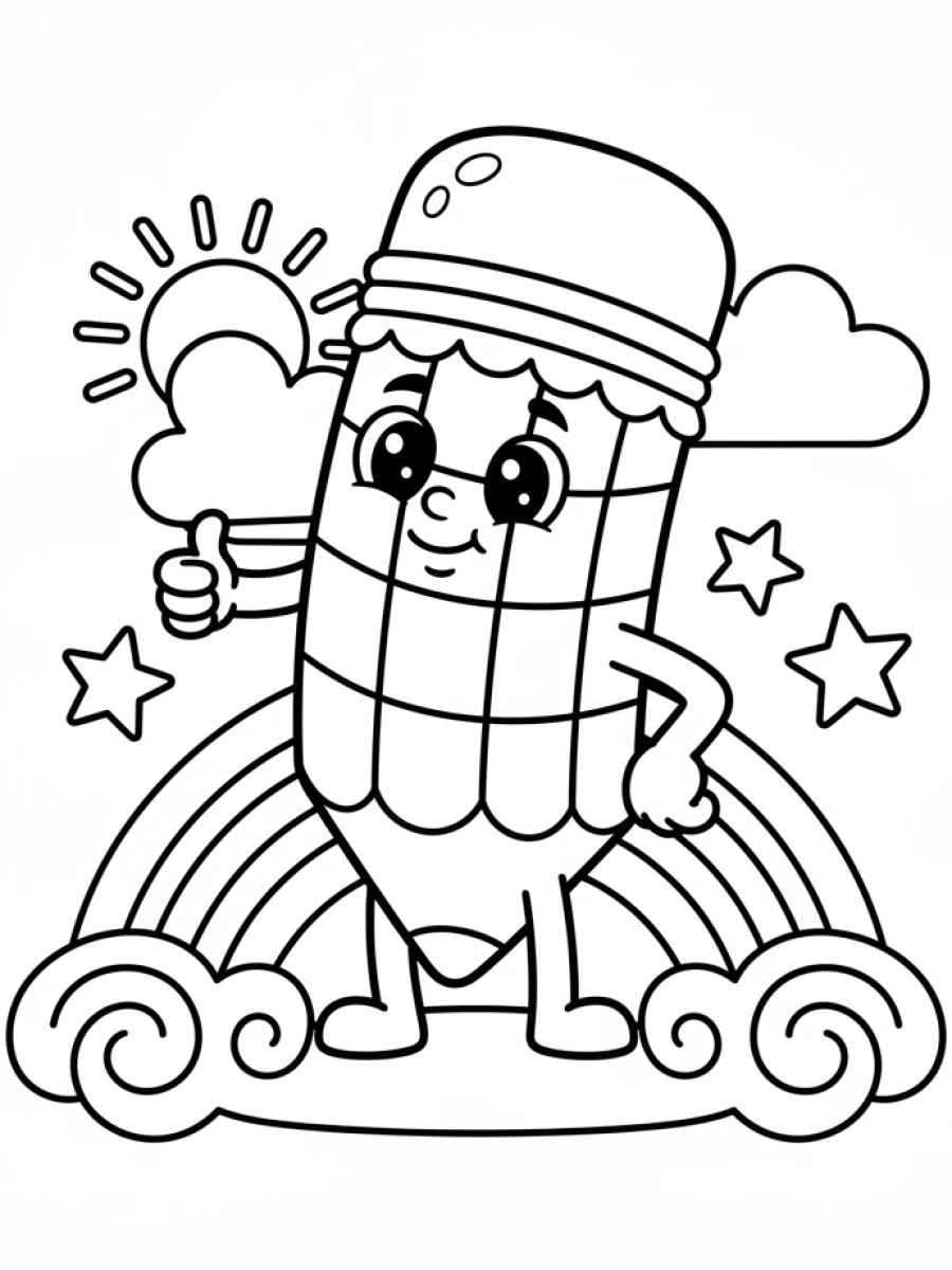 coloriage kawaii facile — Un crayon de couleur souriant avec un visage amical et de grands yeux brillants, prêt à colorier.