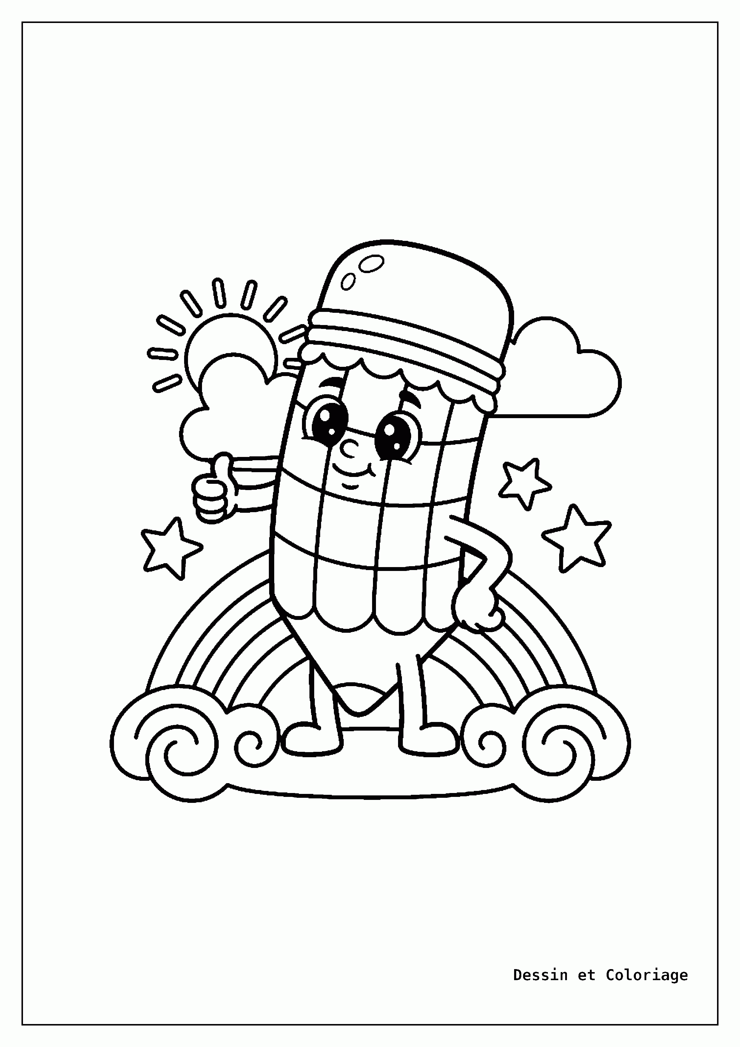 coloriage kawaii facile — Un crayon de couleur souriant avec un visage amical et de grands yeux brillants, prêt à colorier.