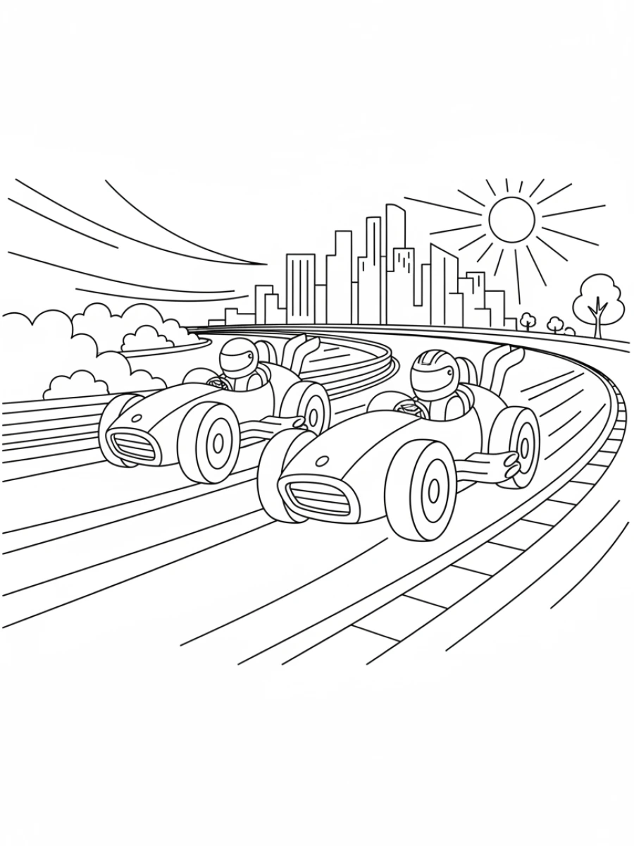 coloriage voiture de course — Deux voitures de course côte à côte sur une large piste, l'une légèrement devant l'autre, dans une composition dynamique.